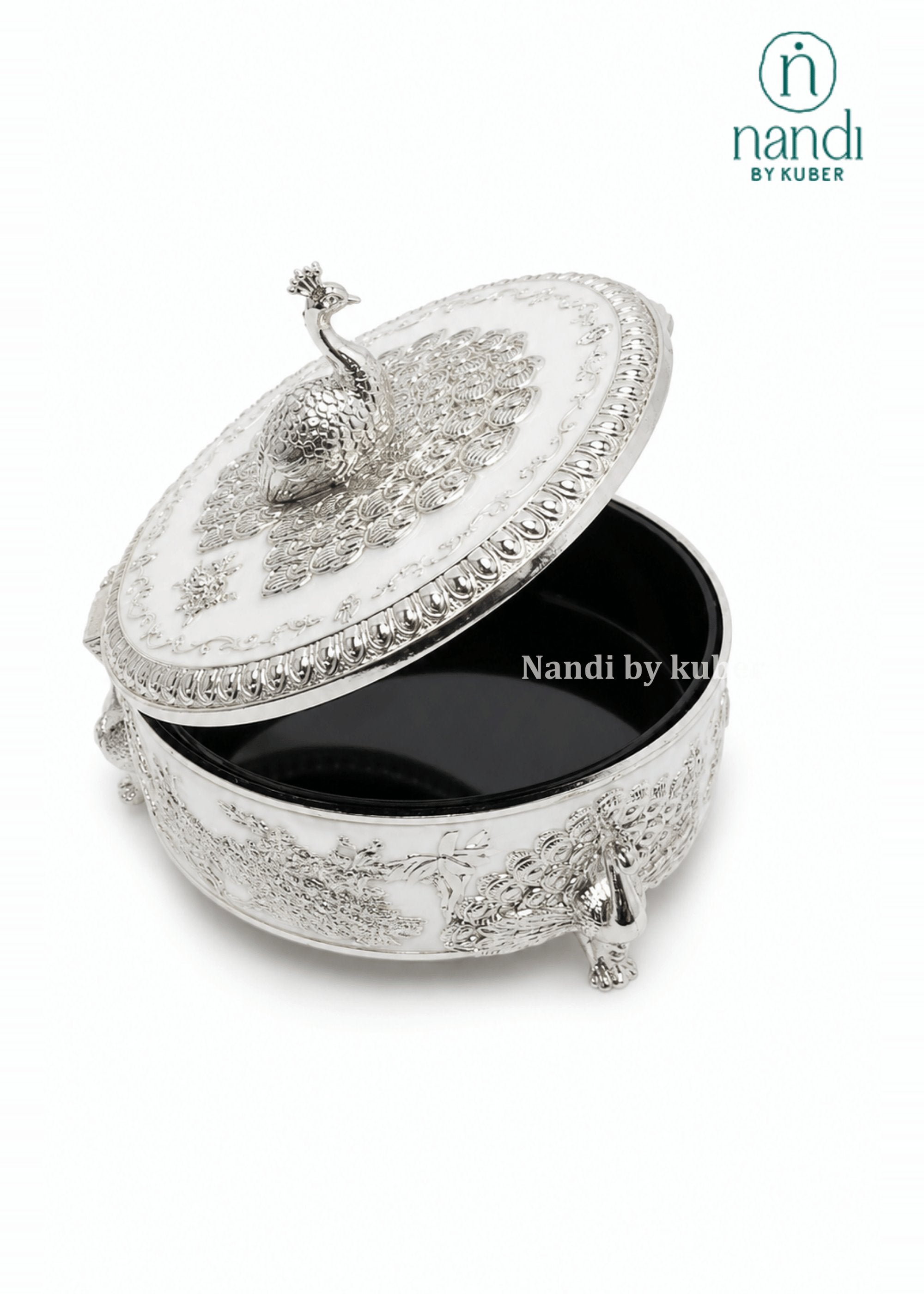 Brass Peacock Round Box White - view 3