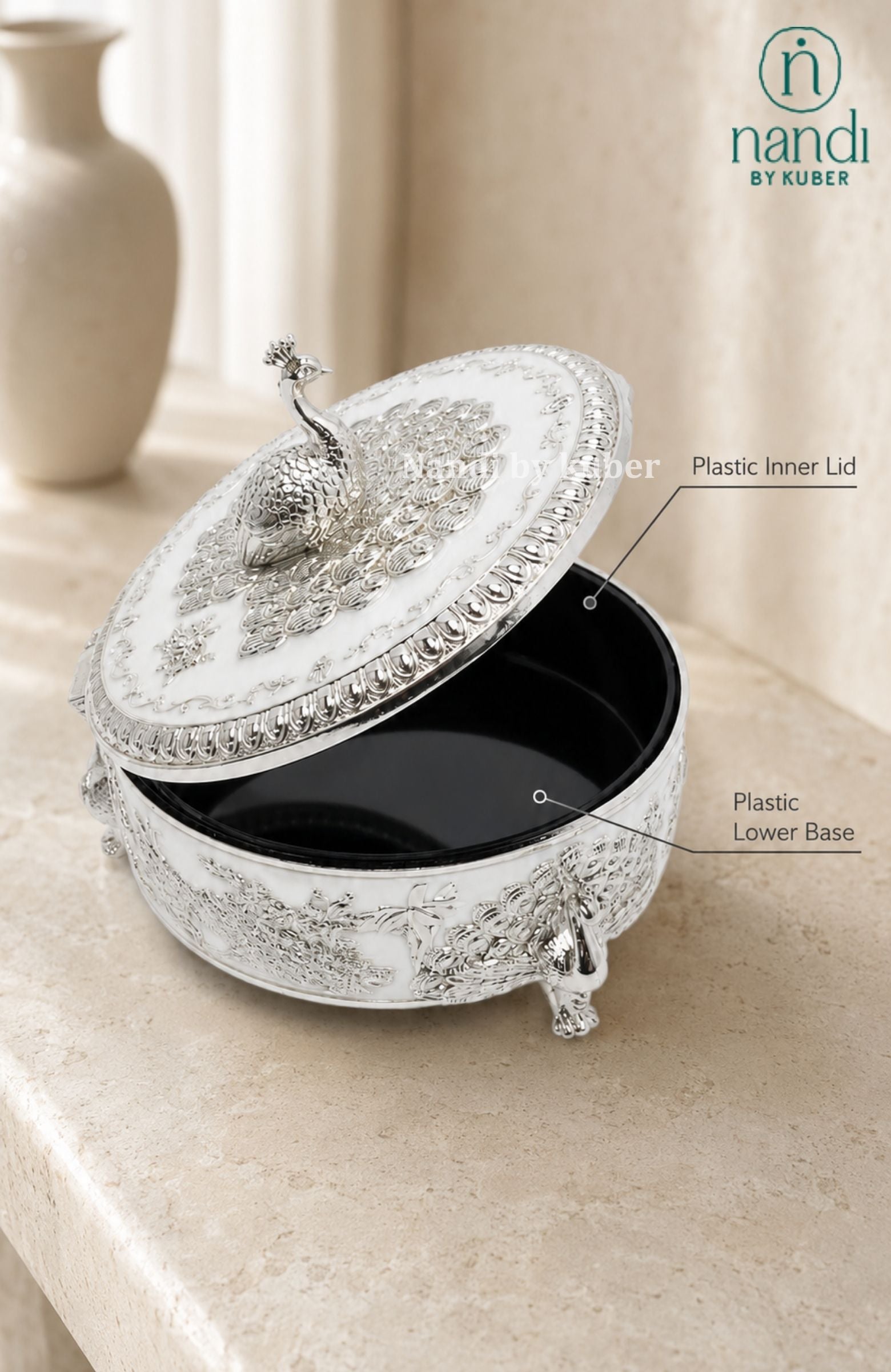 Brass Peacock Round Box White - lifestyle view