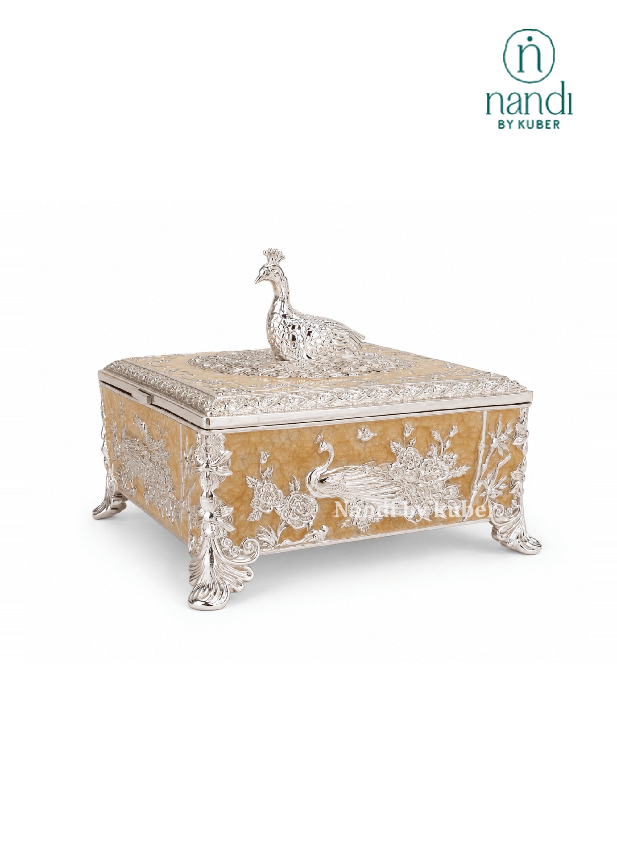 White Metal Peacock Square Box Peach - view 1