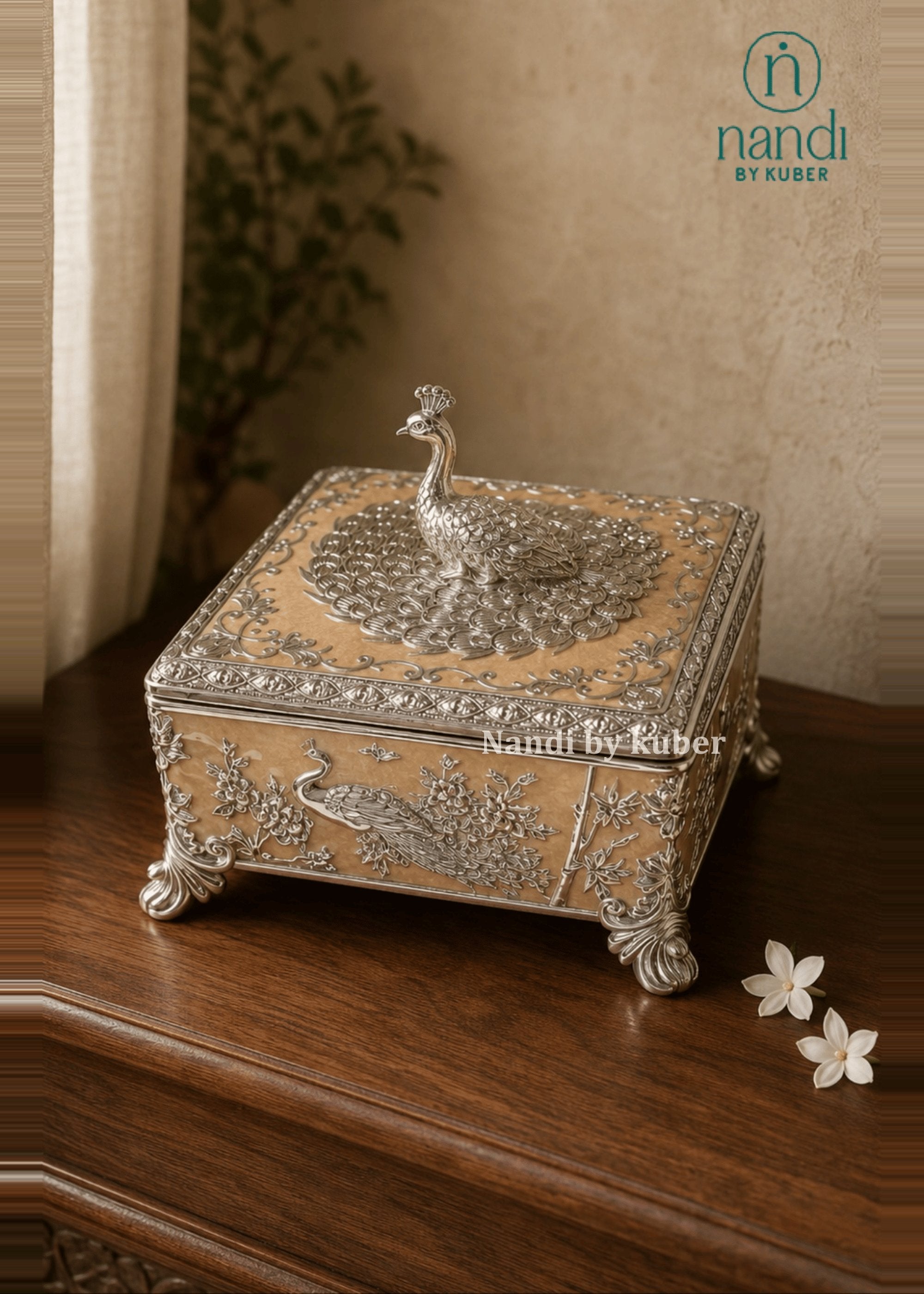 White Metal Peacock Square Box Peach - view 2
