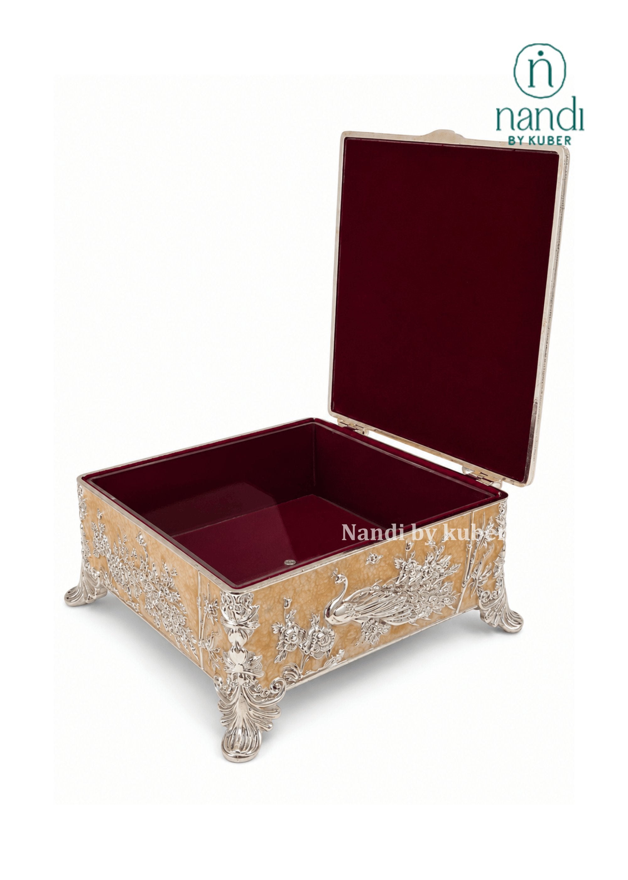 White Metal Peacock Square Box Peach - view 3
