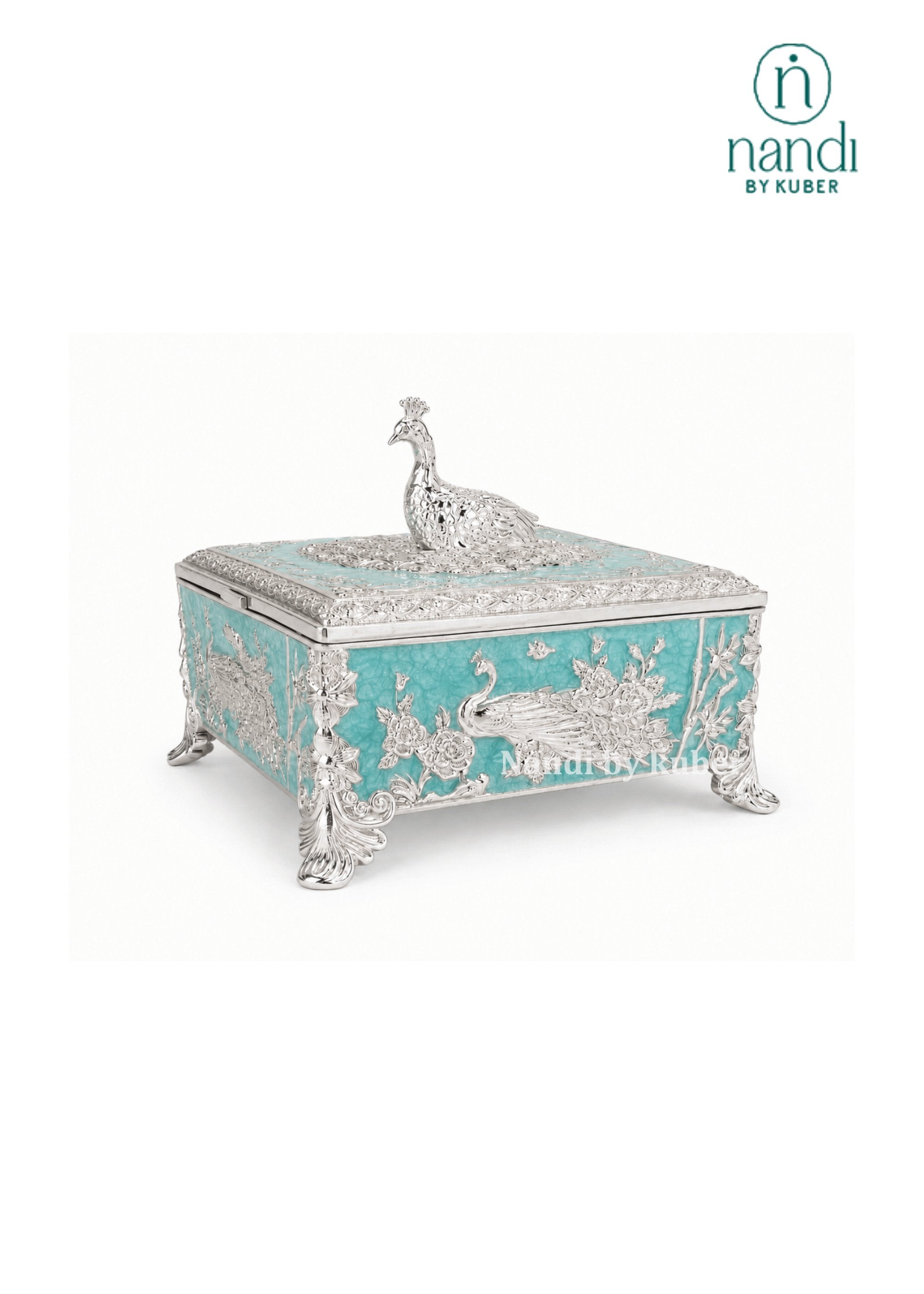 White Metal Peacock Square Box Turquoise - view 1