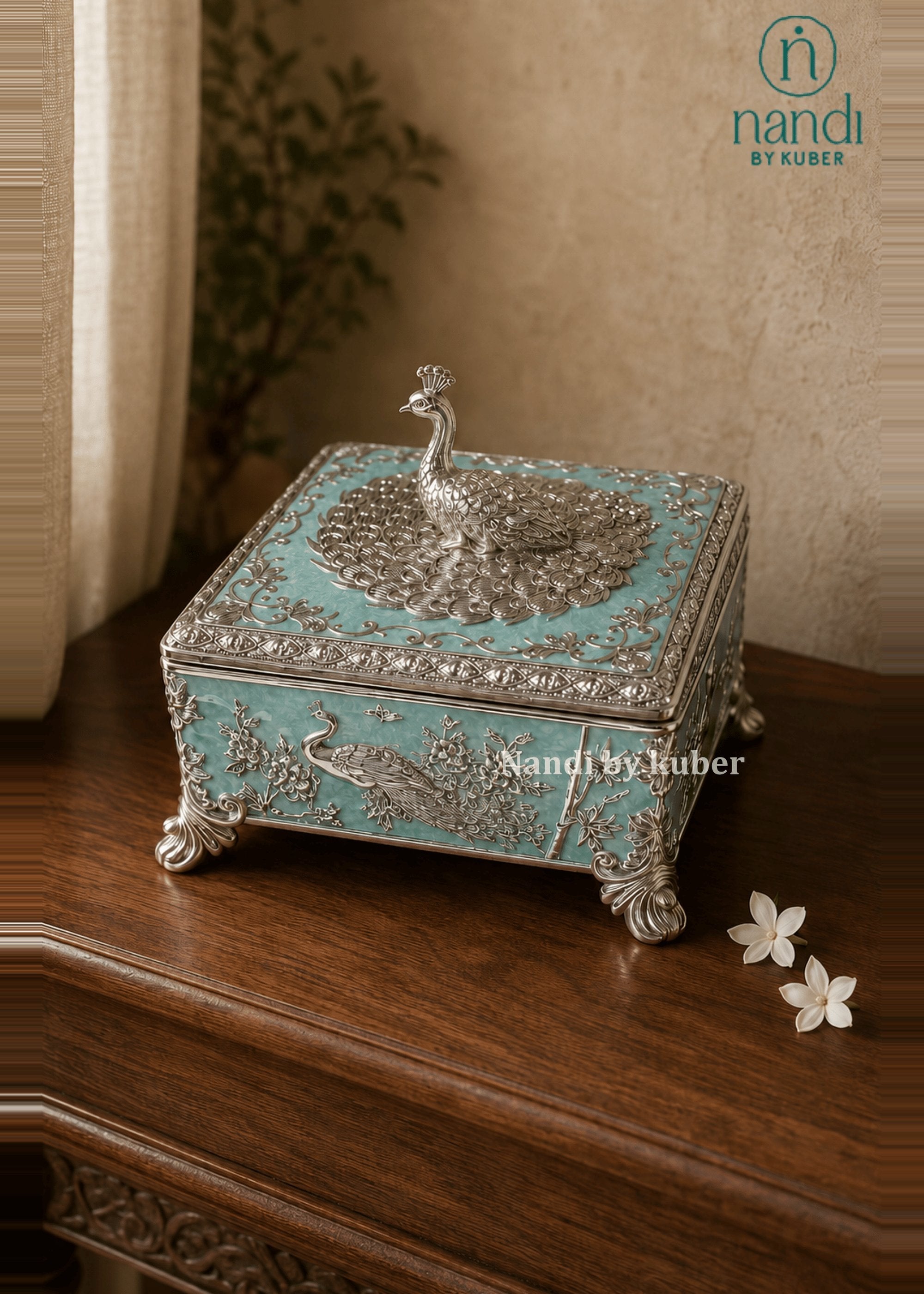 White Metal Peacock Square Box Turquoise - view 2