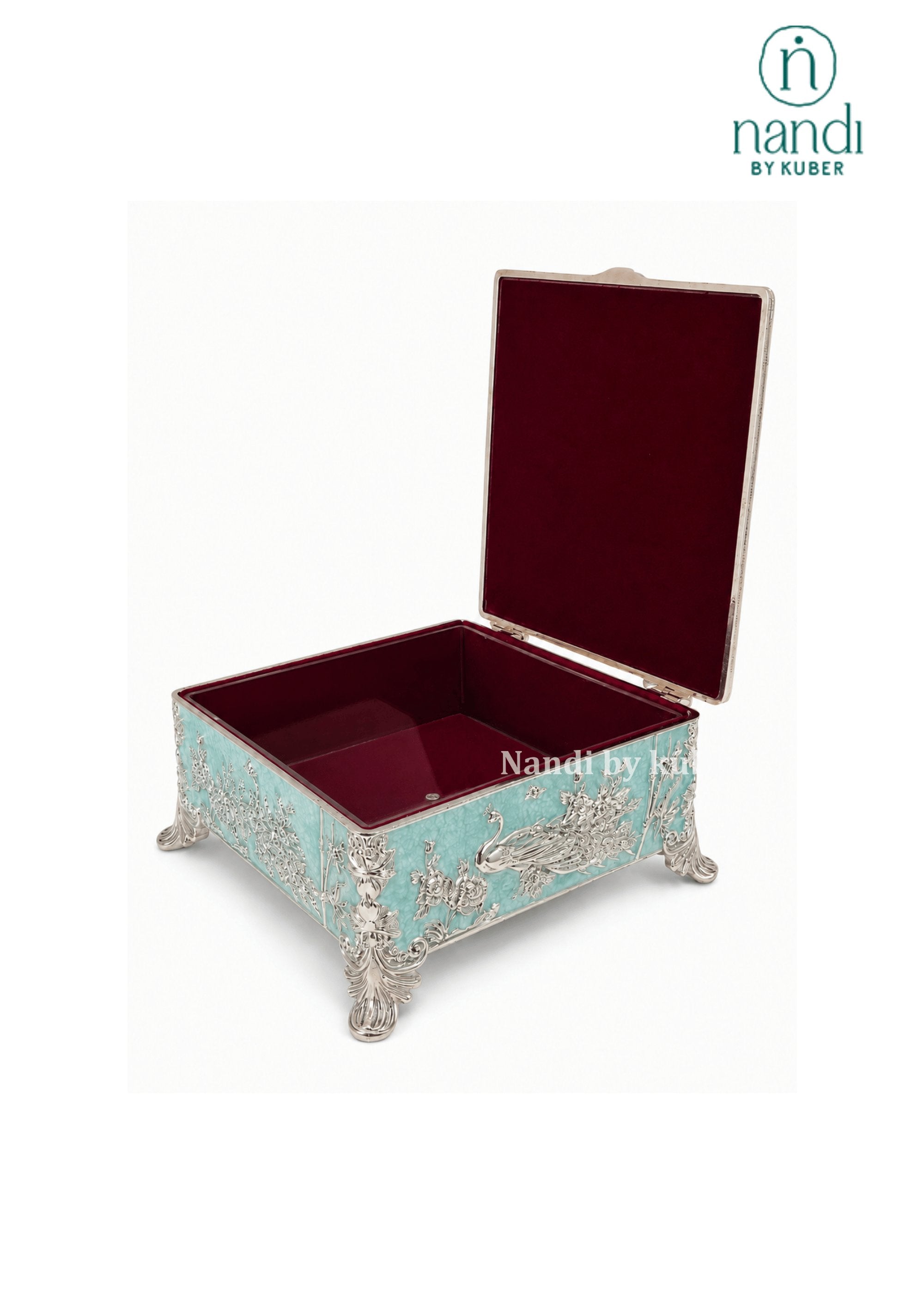 White Metal Peacock Square Box Turquoise - view 3