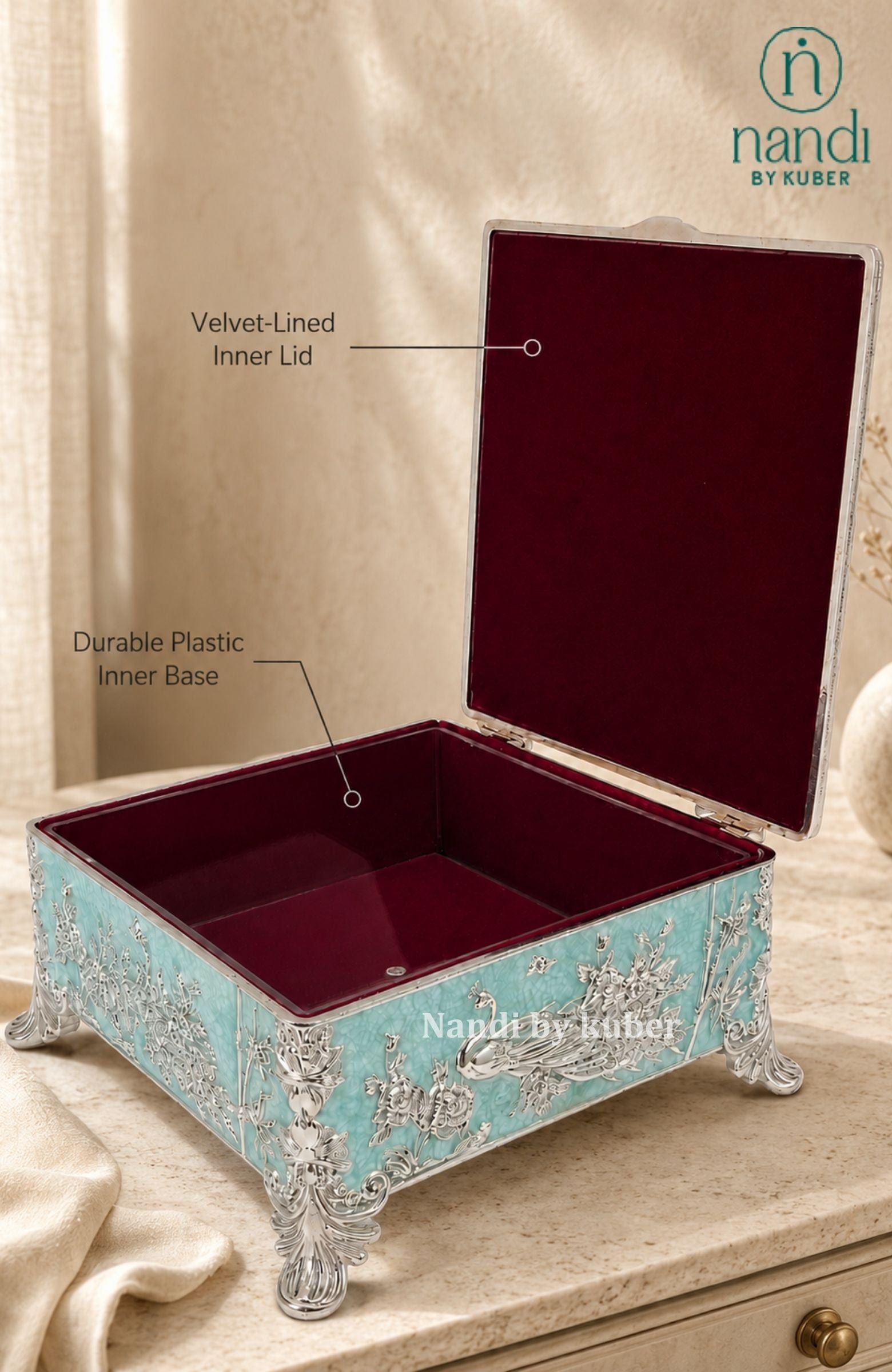 White Metal Peacock Square Box Turquoise - lifestyle view