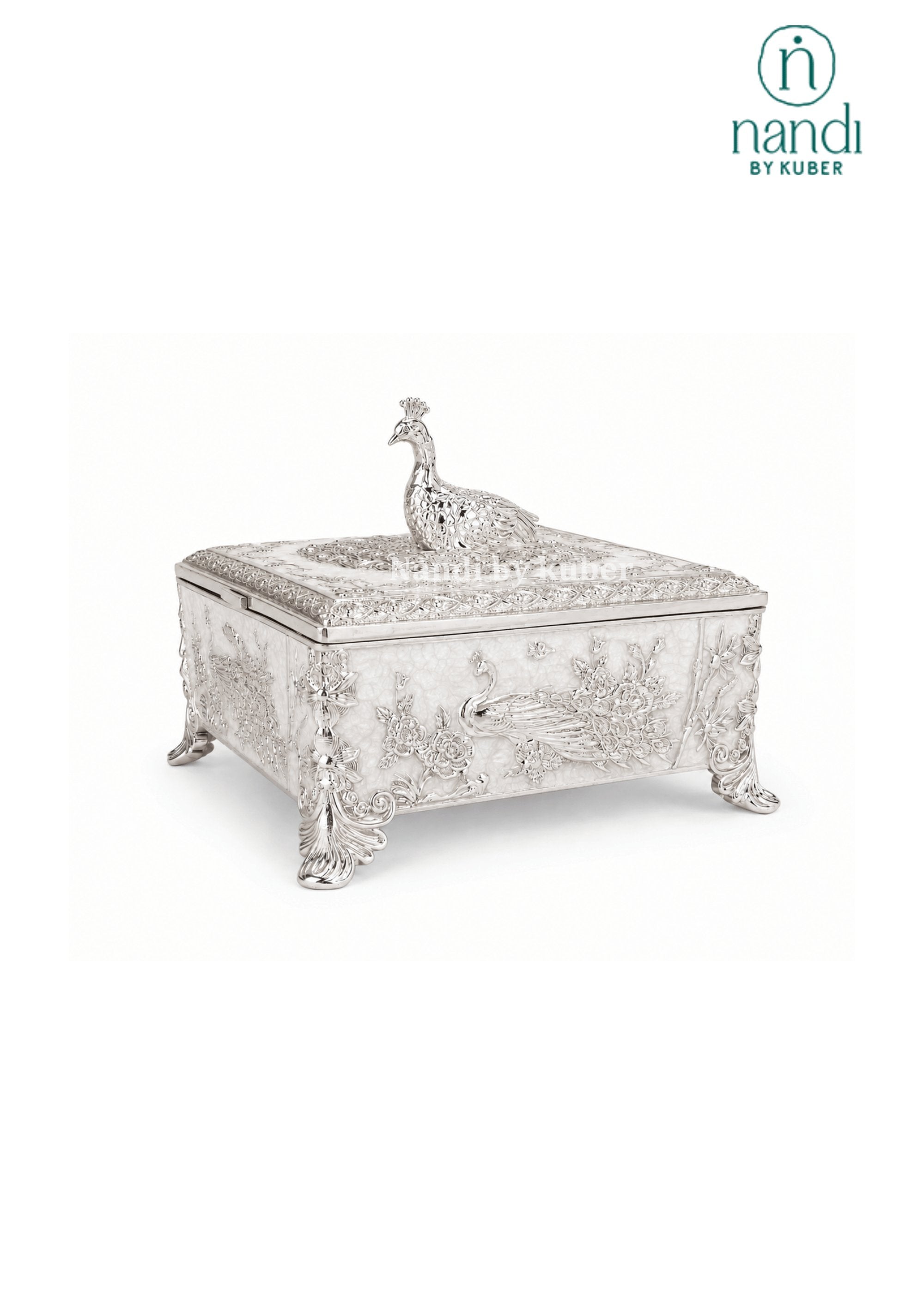 White Metal Peacock Square Box White - view 1