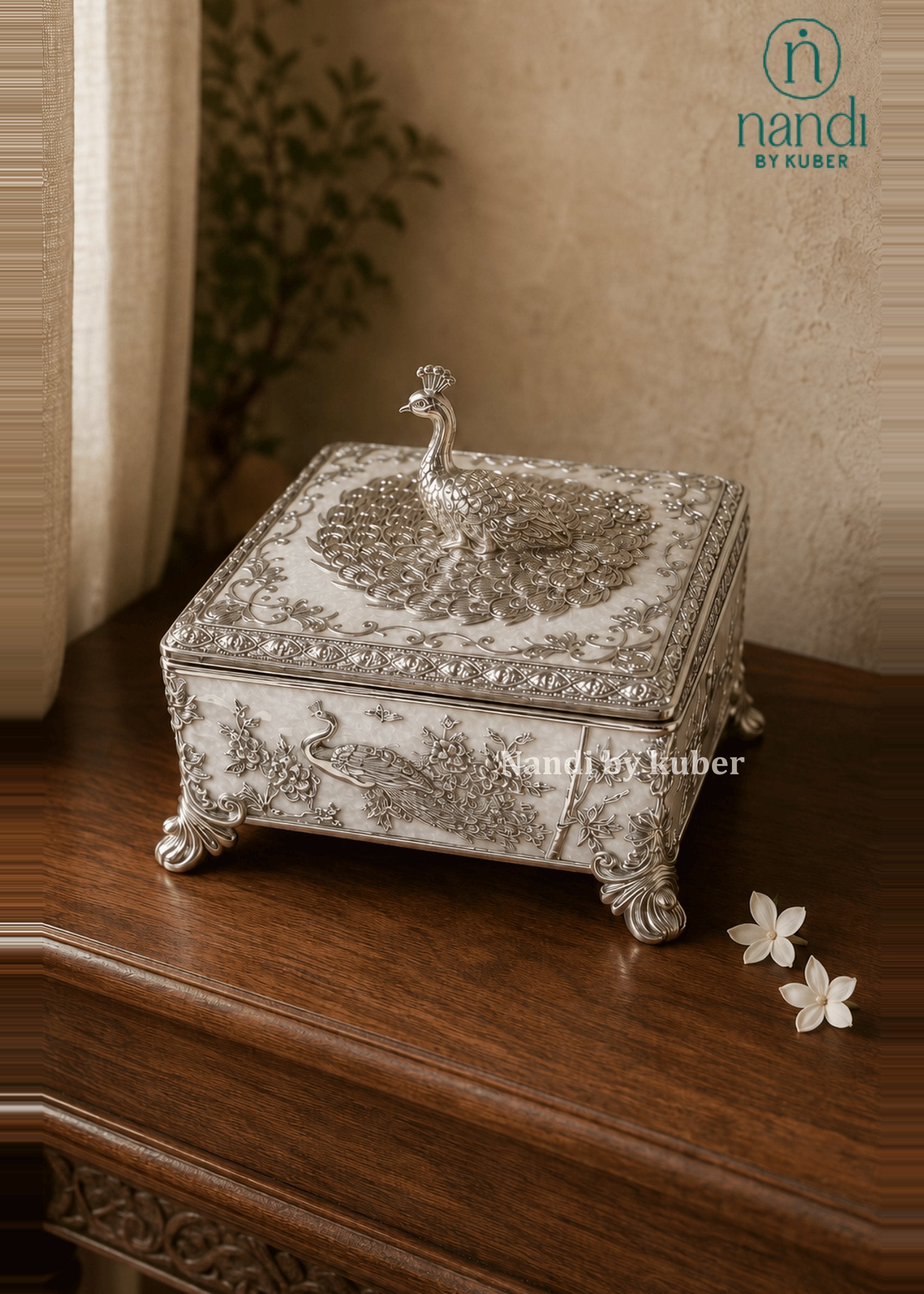 White Metal Peacock Square Box White - view 2