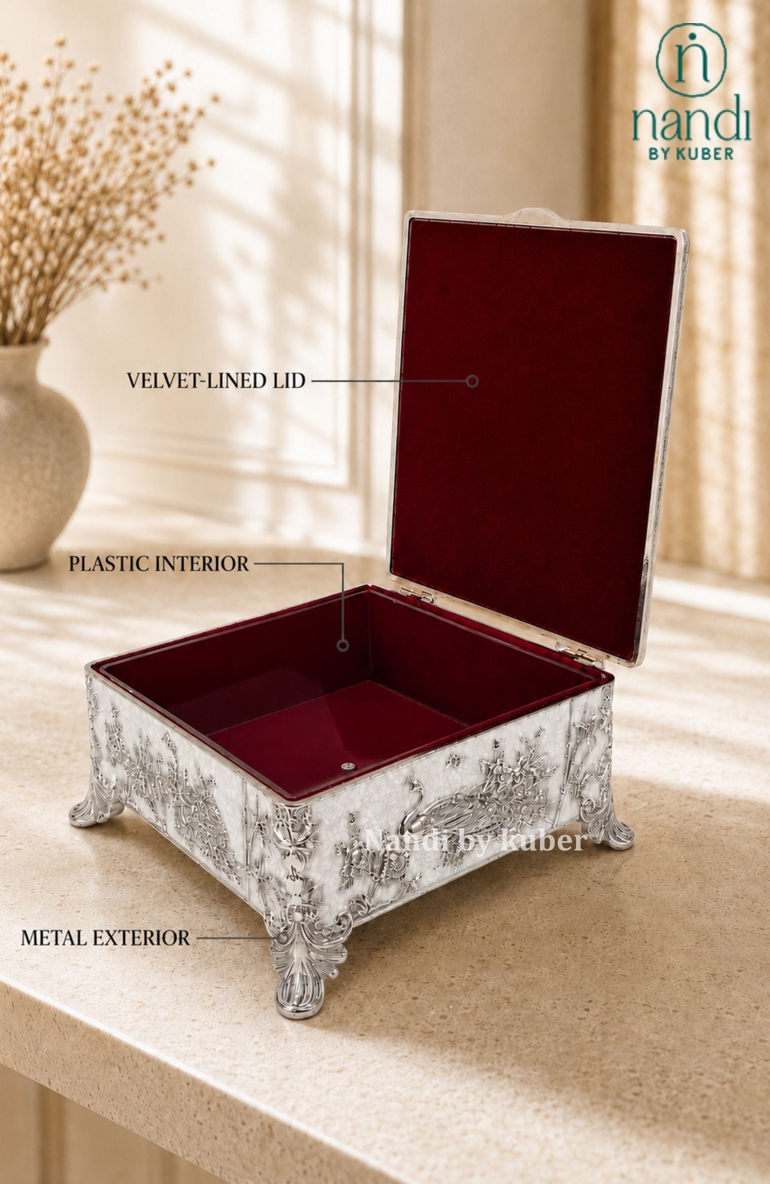 White Metal Peacock Square Box White - lifestyle view