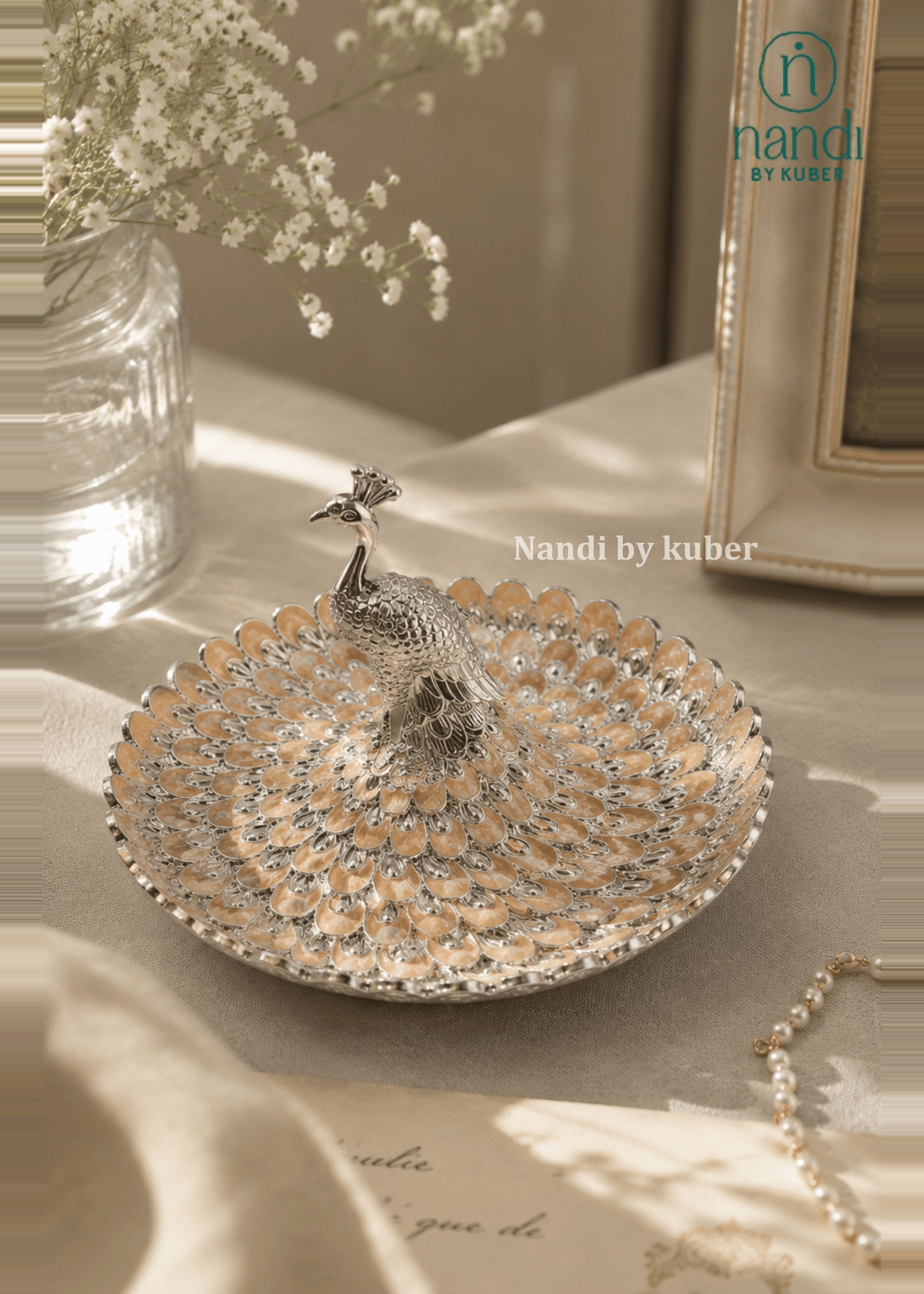 White Metal Peacock Tray Peach - view 2