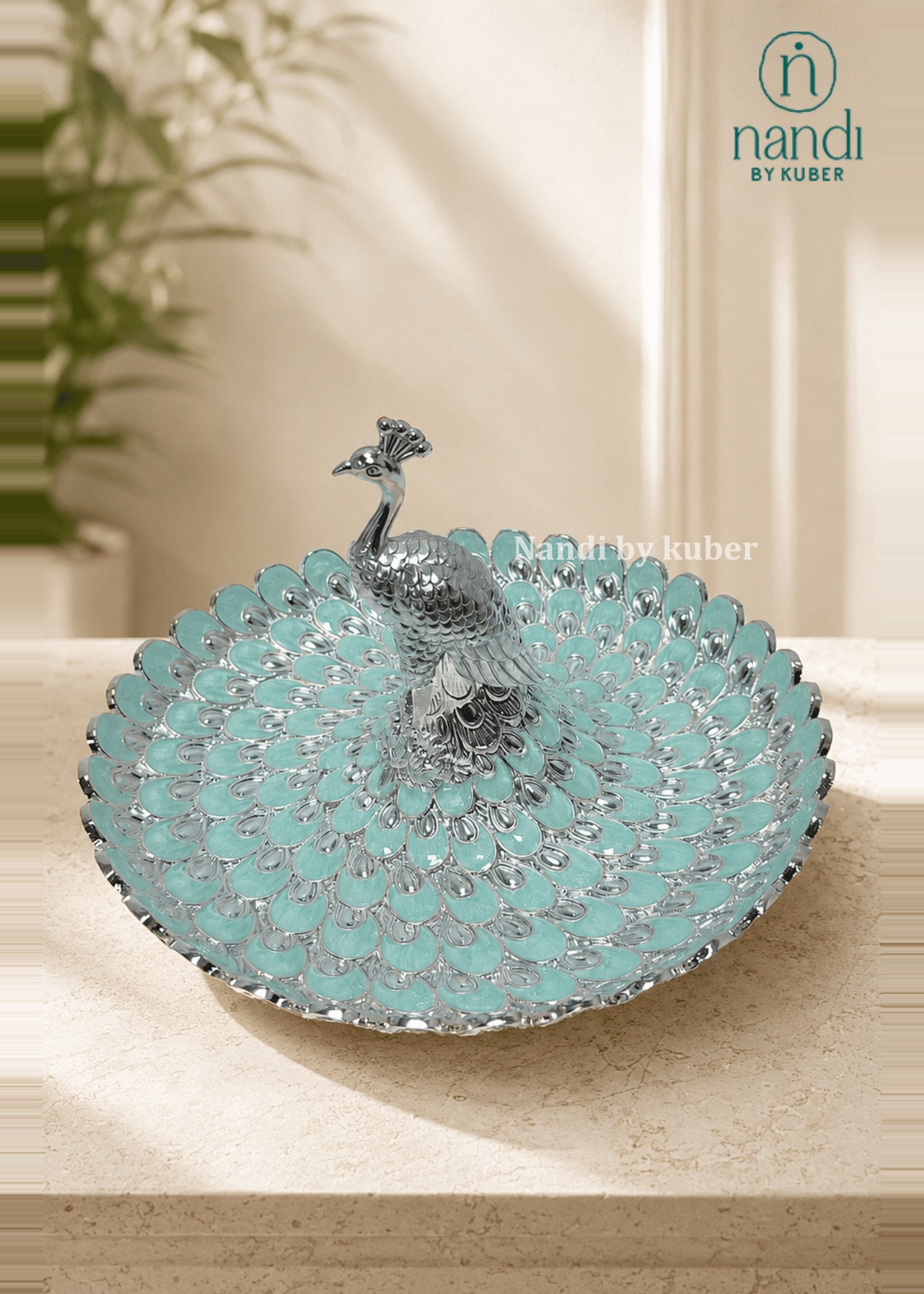 White Metal Peacock Tray Turquoise - view 2