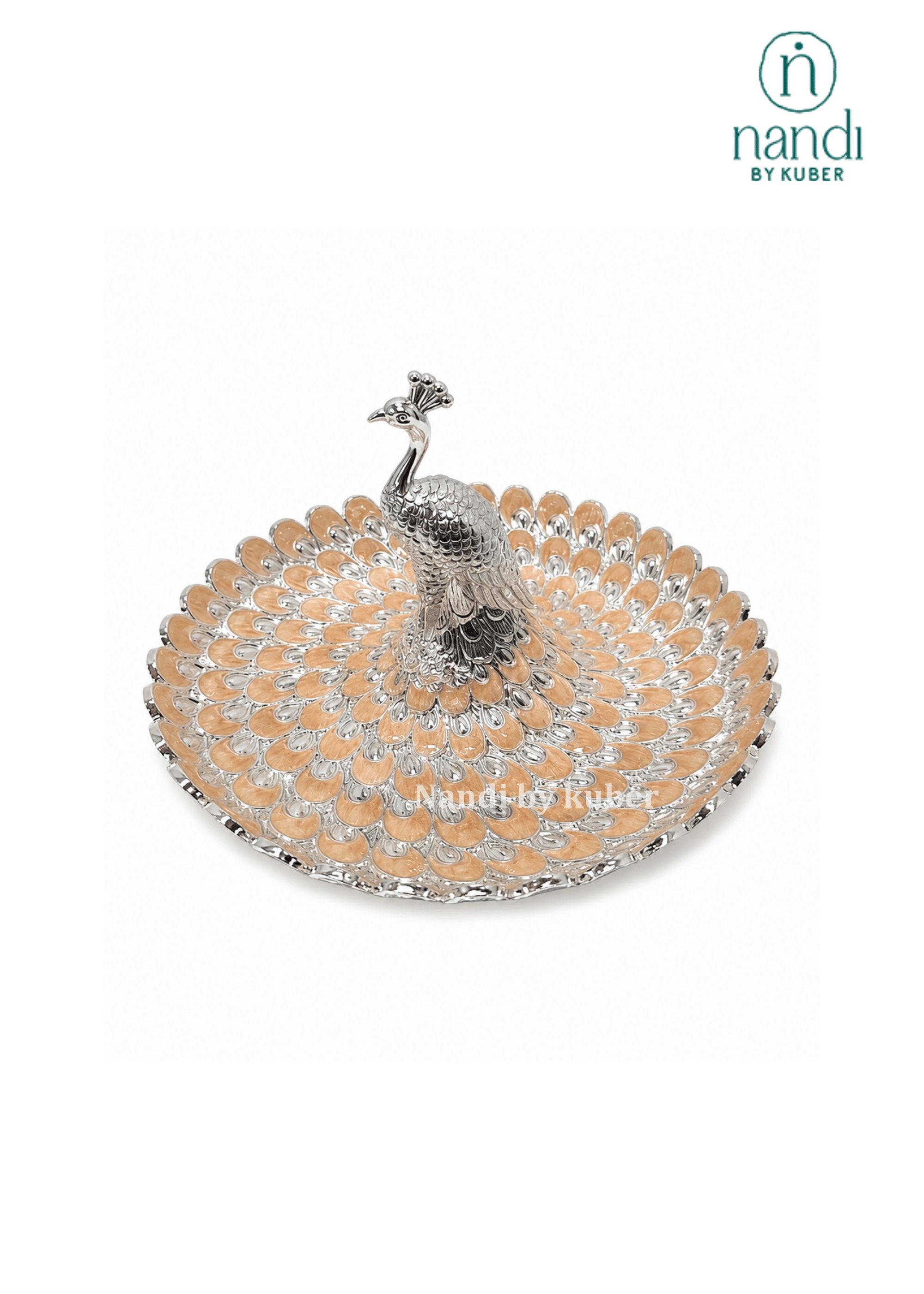 White Metal Peacock Tray Peach - view 1