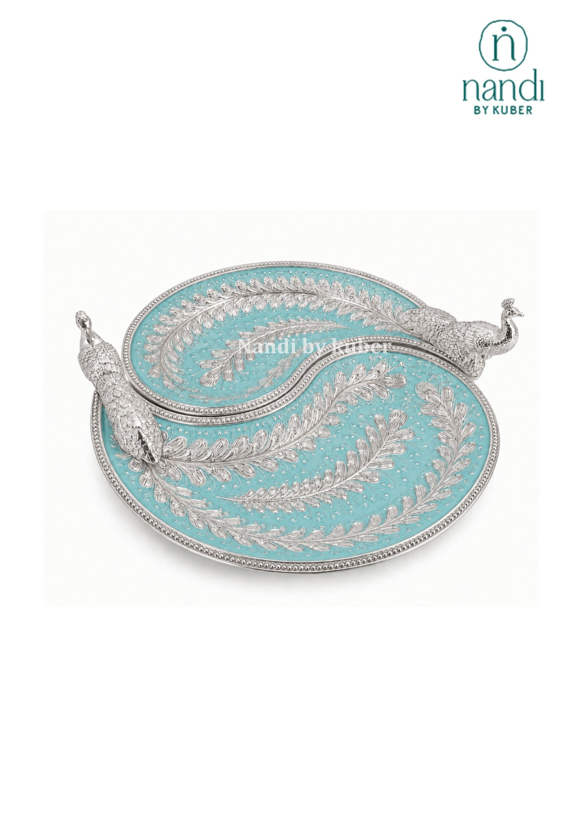 White Metal Peacock Flat Tray Turquoise - view 1