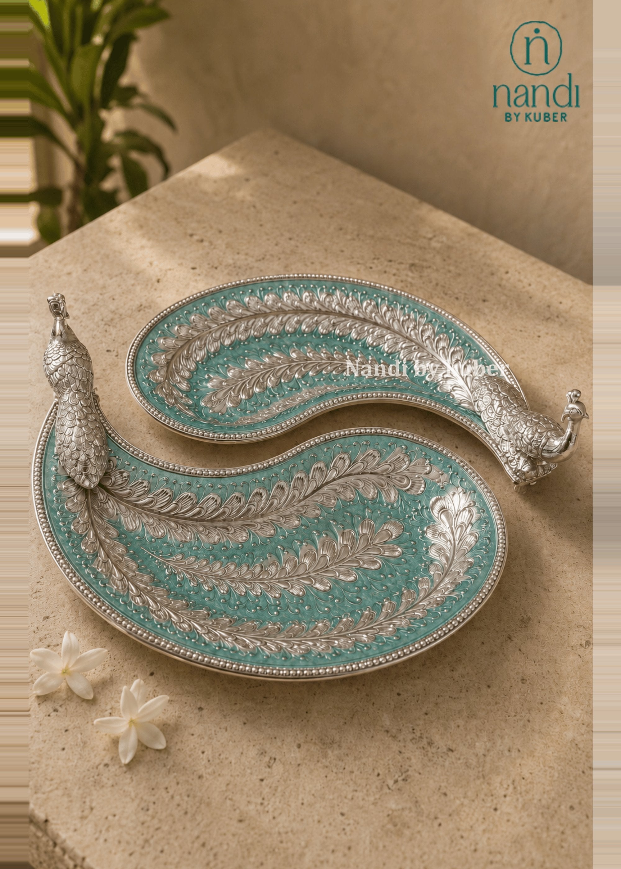 White Metal Peacock Flat Tray Turquoise - view 2