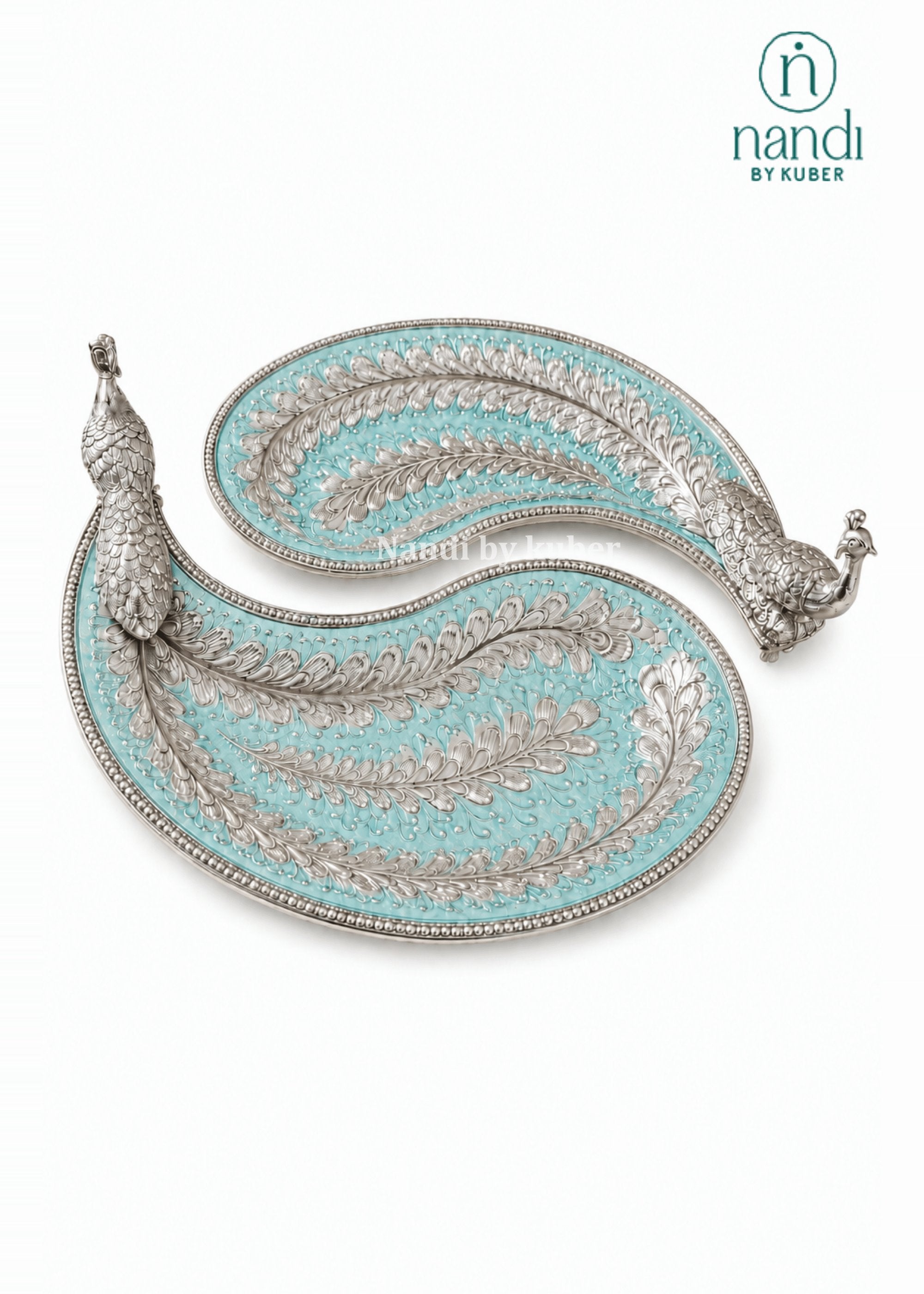 White Metal Peacock Flat Tray Turquoise - view 3