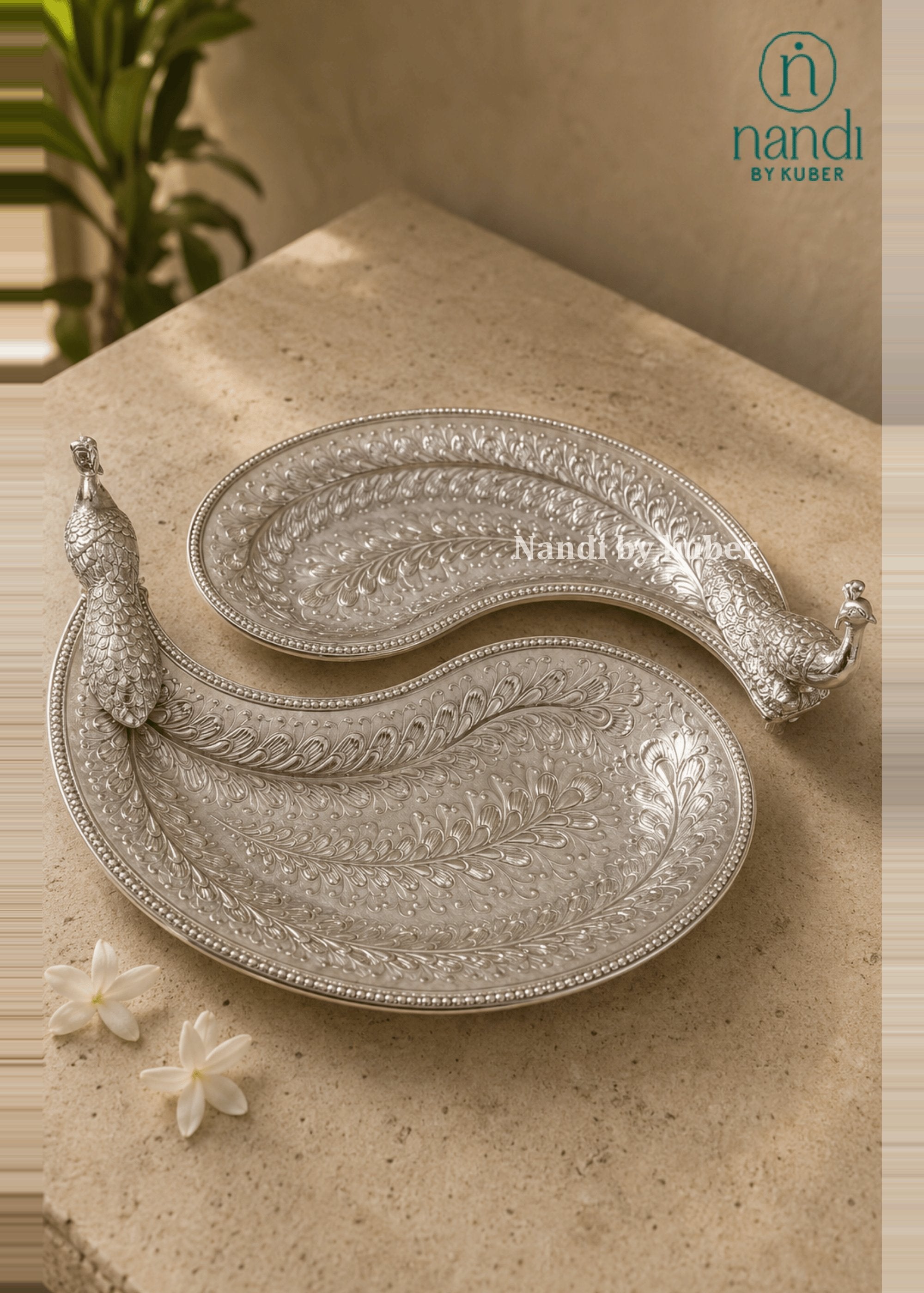White Metal Peacock Flat Tray White - view 2