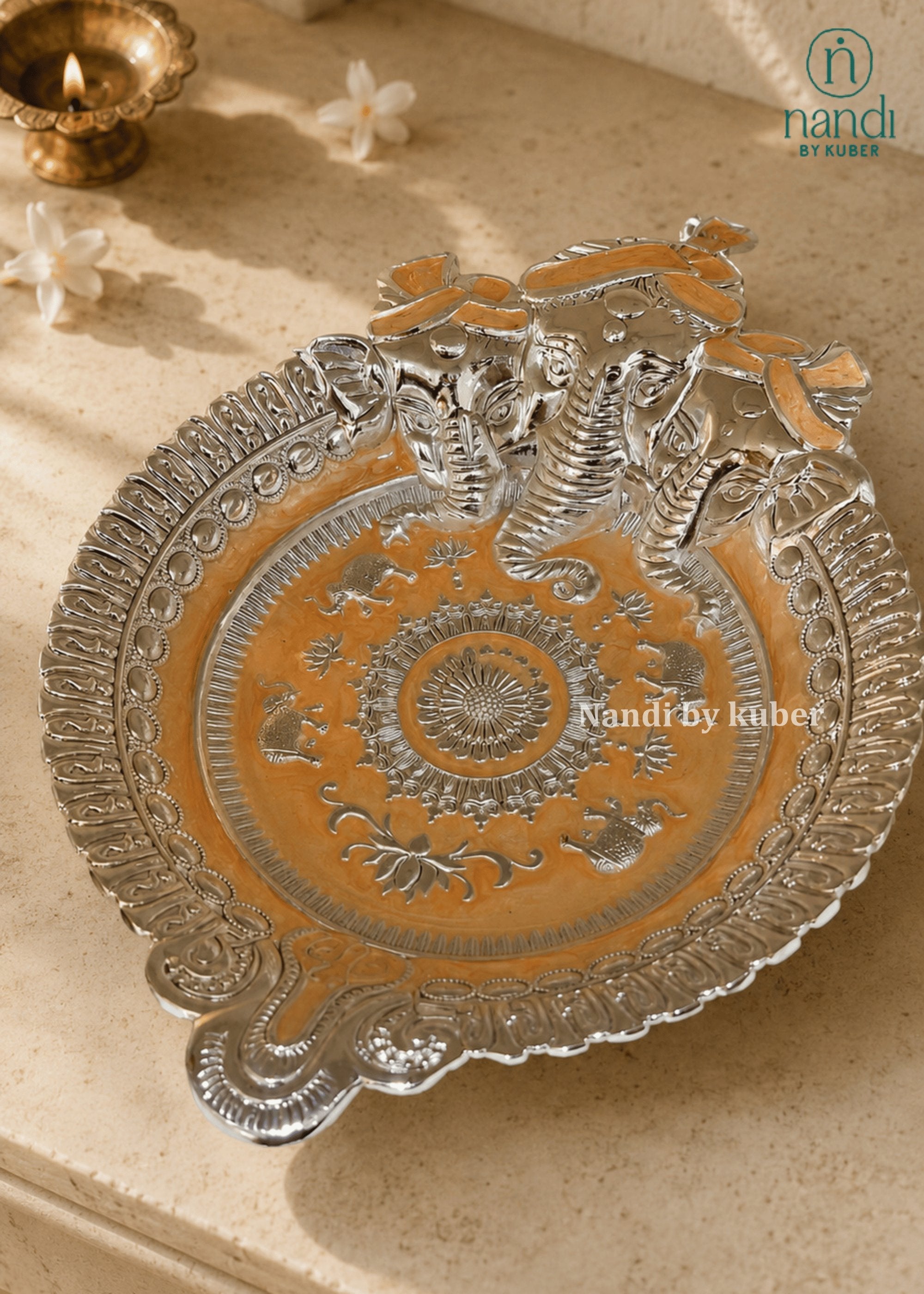 White Metal Ganesh Tray Peach - view 1