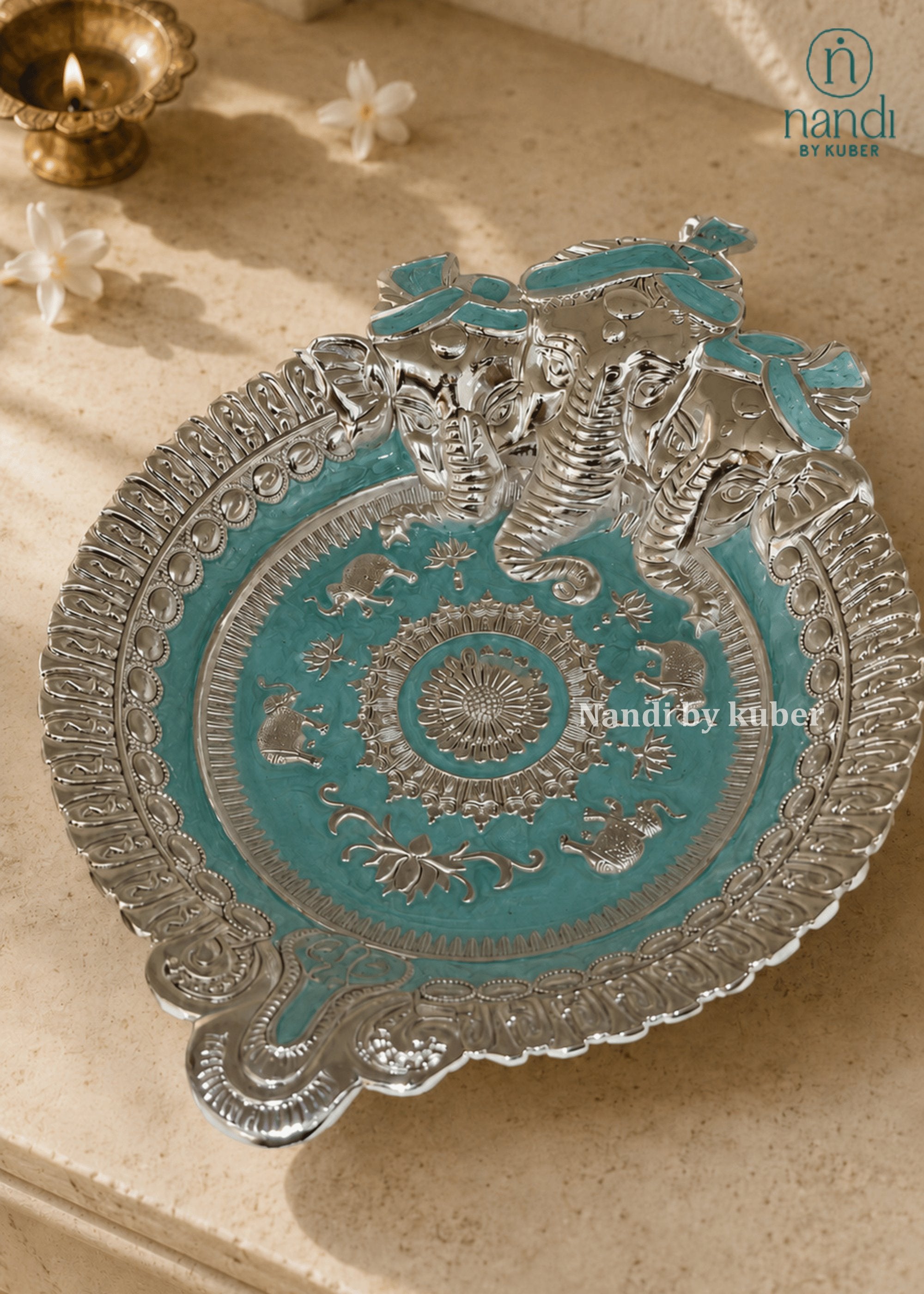 White Metal Ganesh Tray Turquoise - view 1