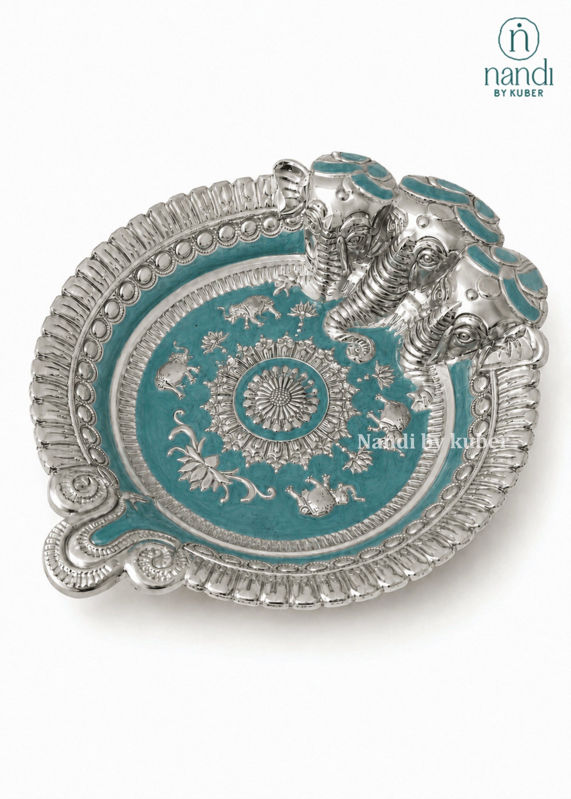 White Metal Ganesh Tray Turquoise - view 2
