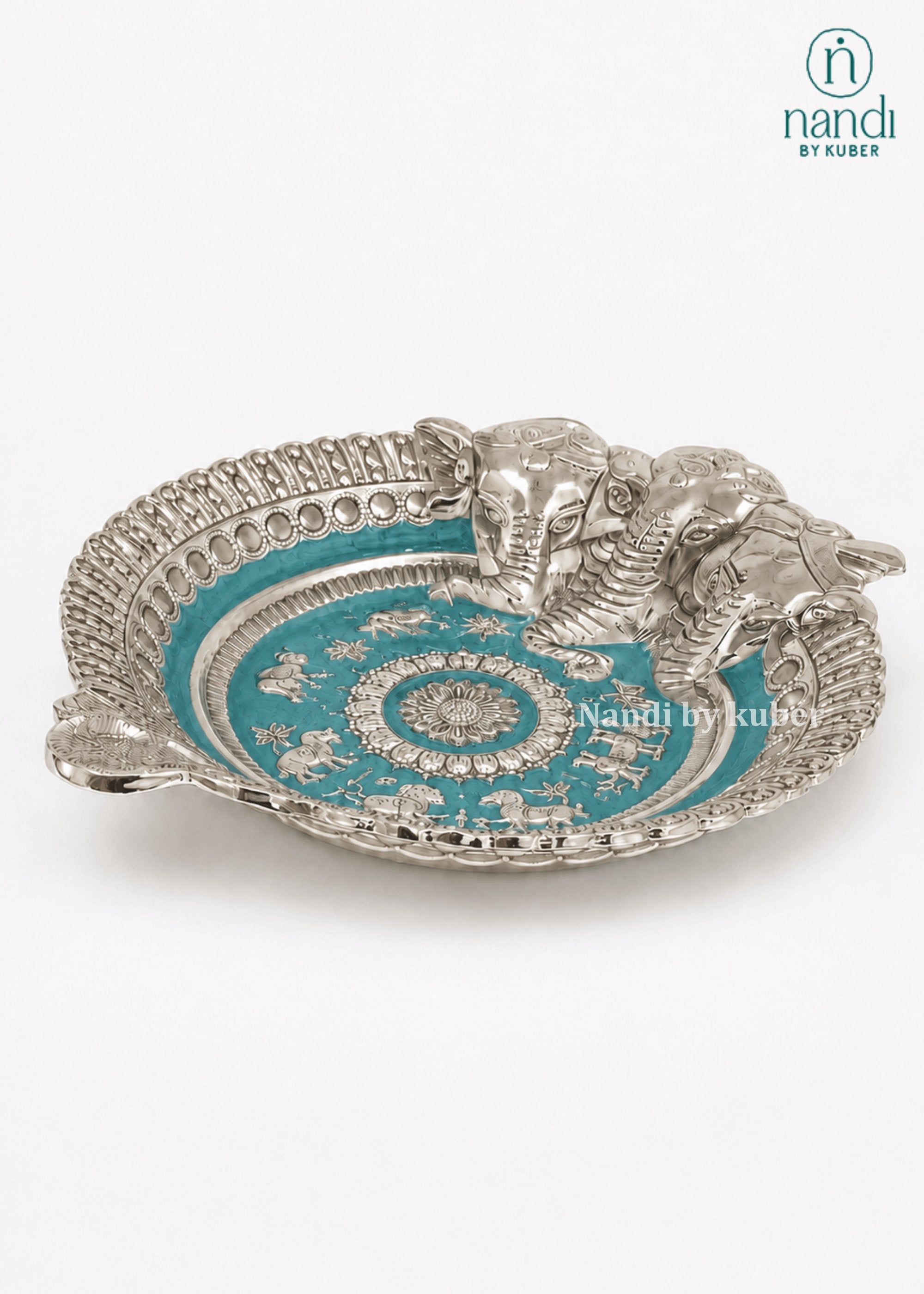 White Metal Ganesh Tray Turquoise - view 3