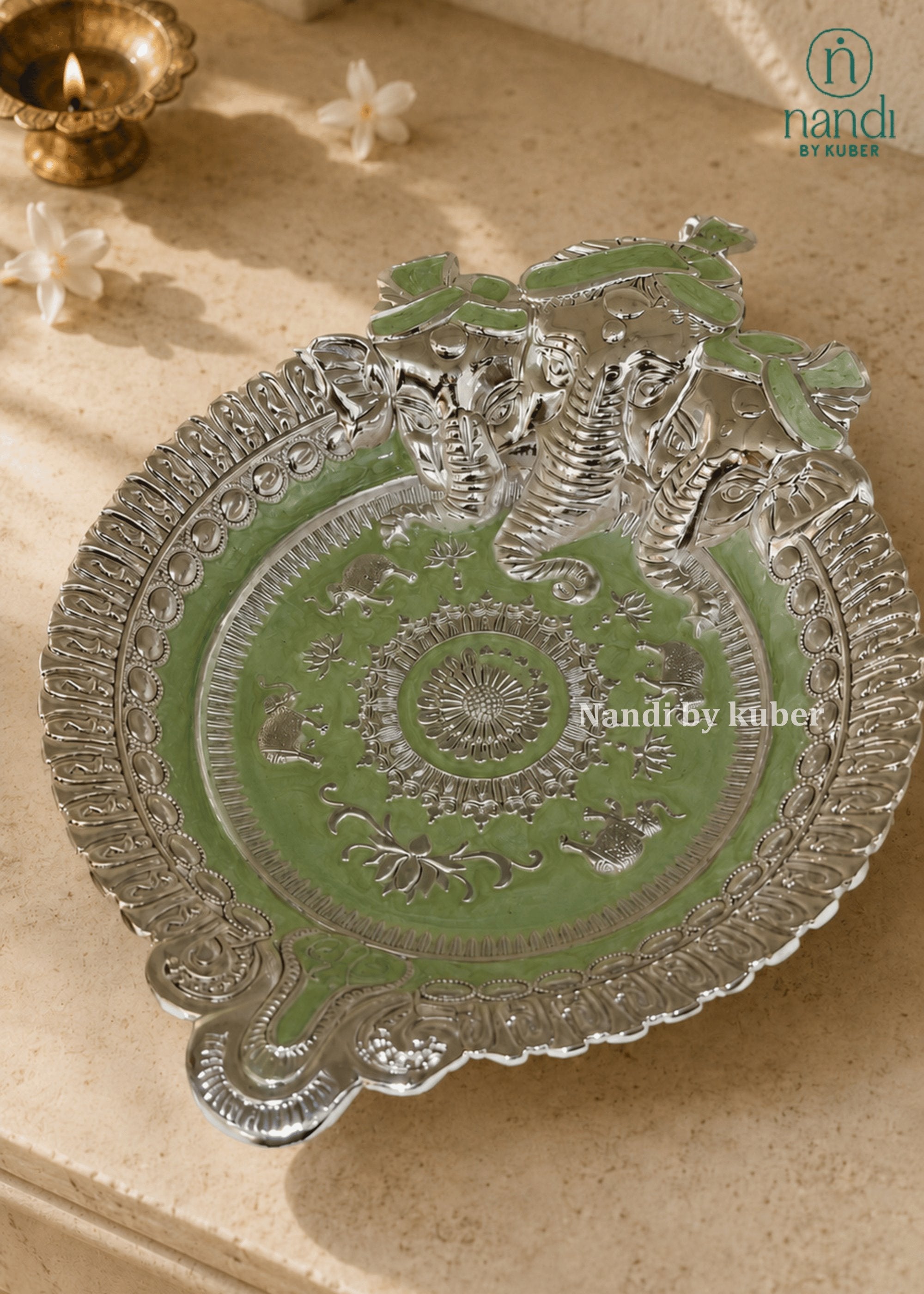 White Metal Ganesh Tray Green - view 1