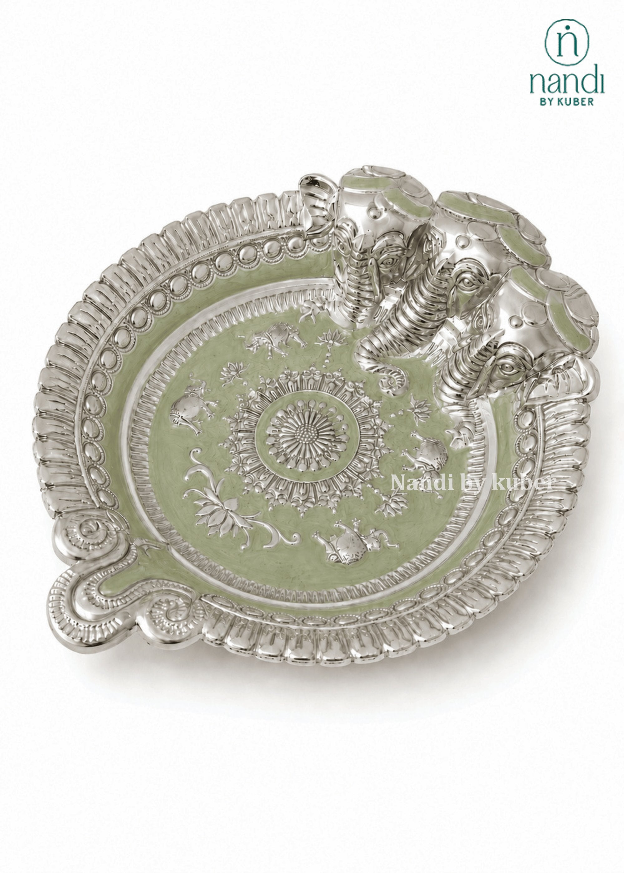 White Metal Ganesh Tray Green - view 2