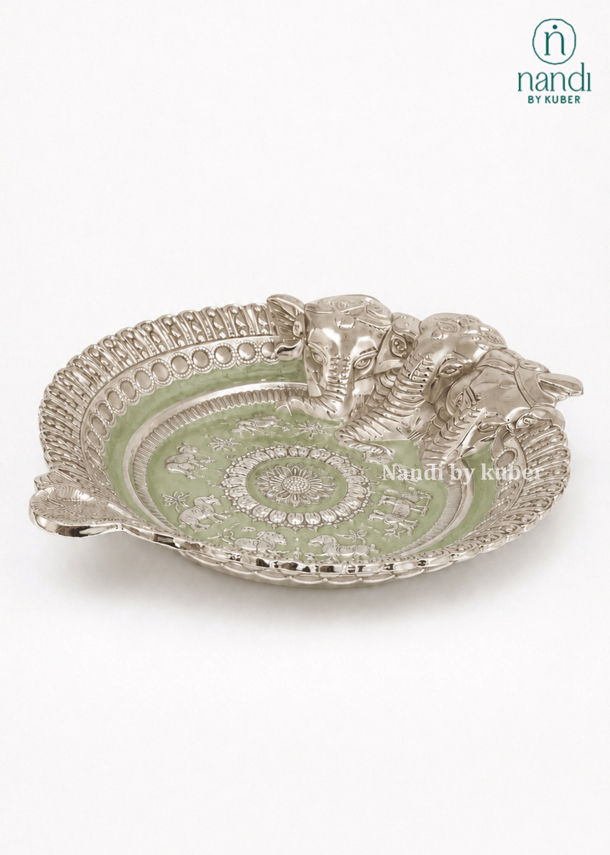 White Metal Ganesh Tray Green - view 3