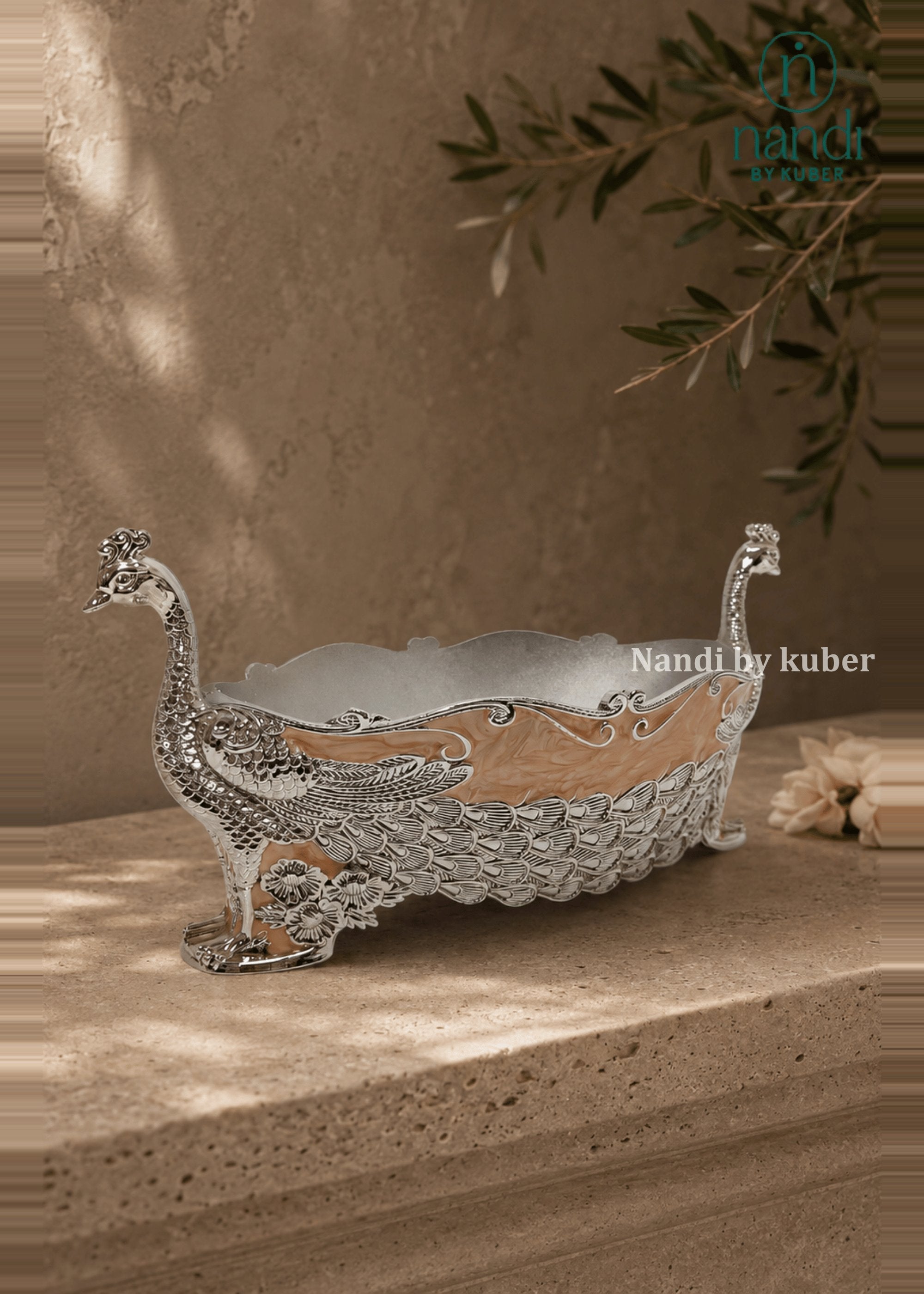 White Metal Peacock Bowl Peach - view 2