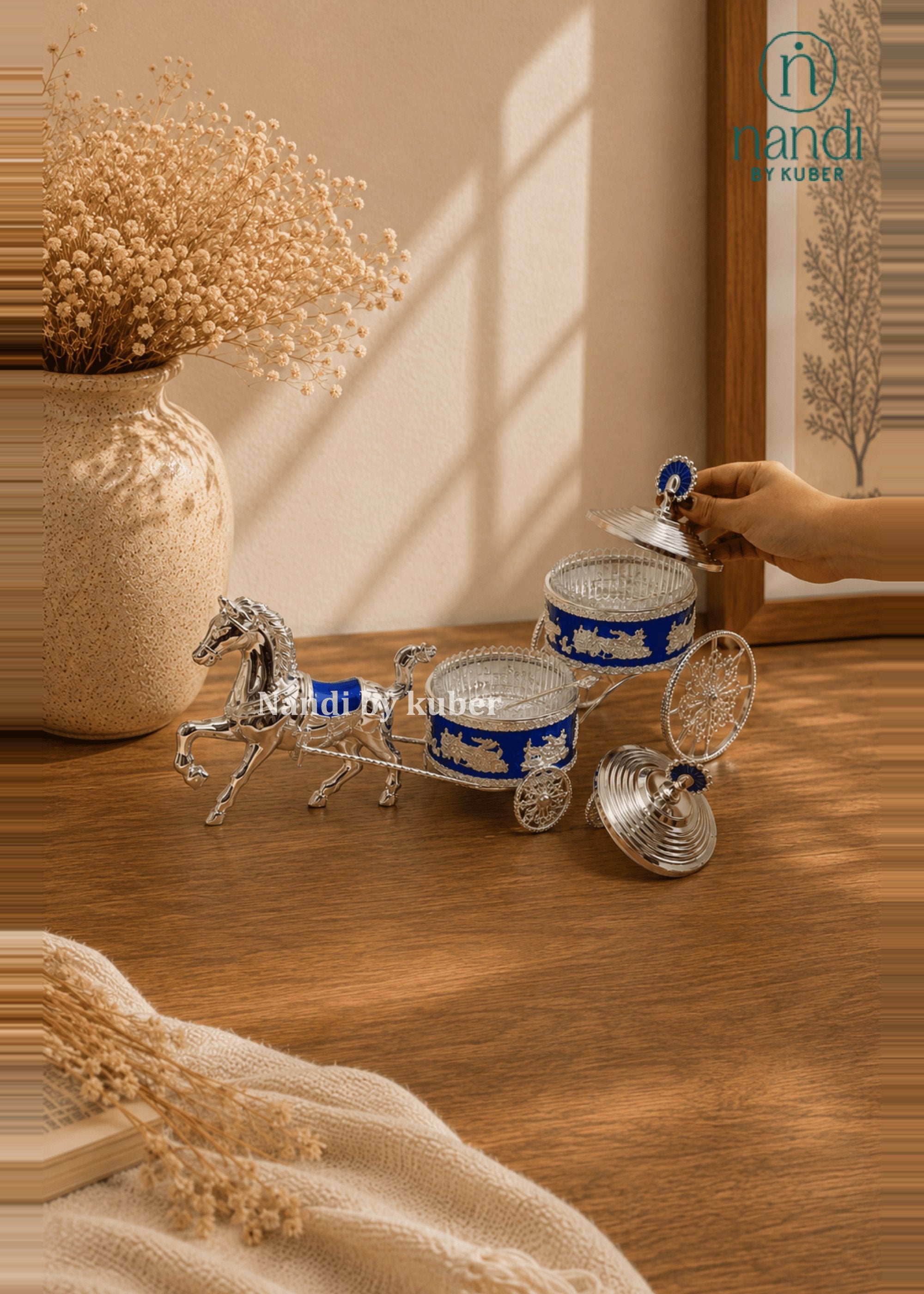 White Metal Horse Rath with Bowl Blue - view 2