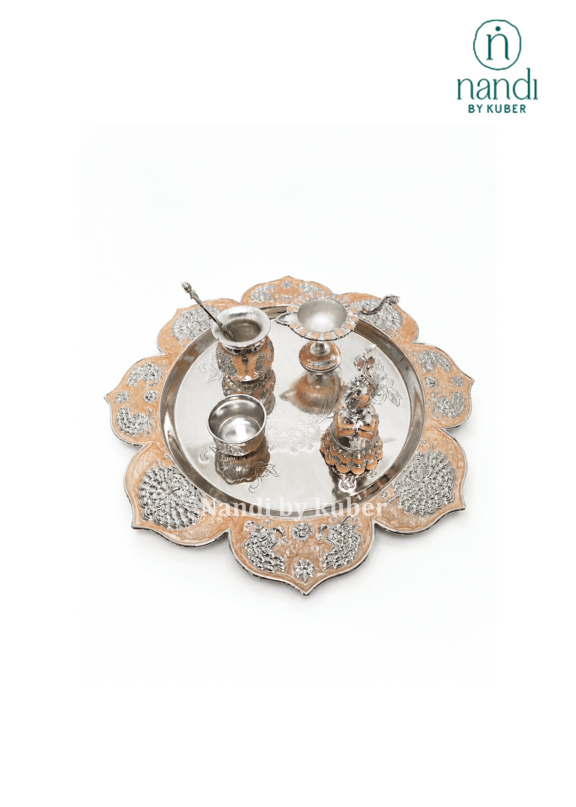 White Metal Puja Thali Peach - view 1