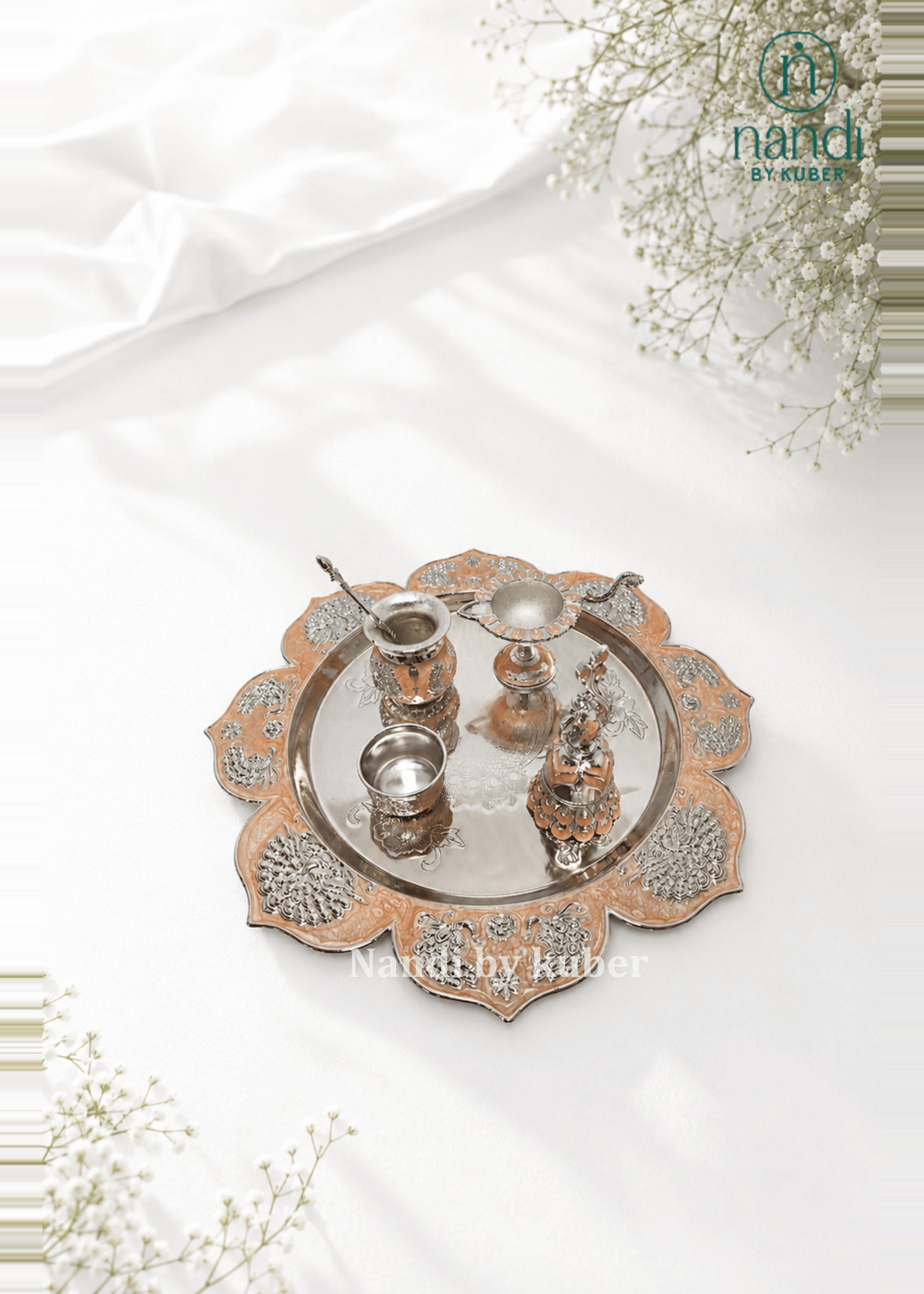 White Metal Puja Thali Peach - view 2