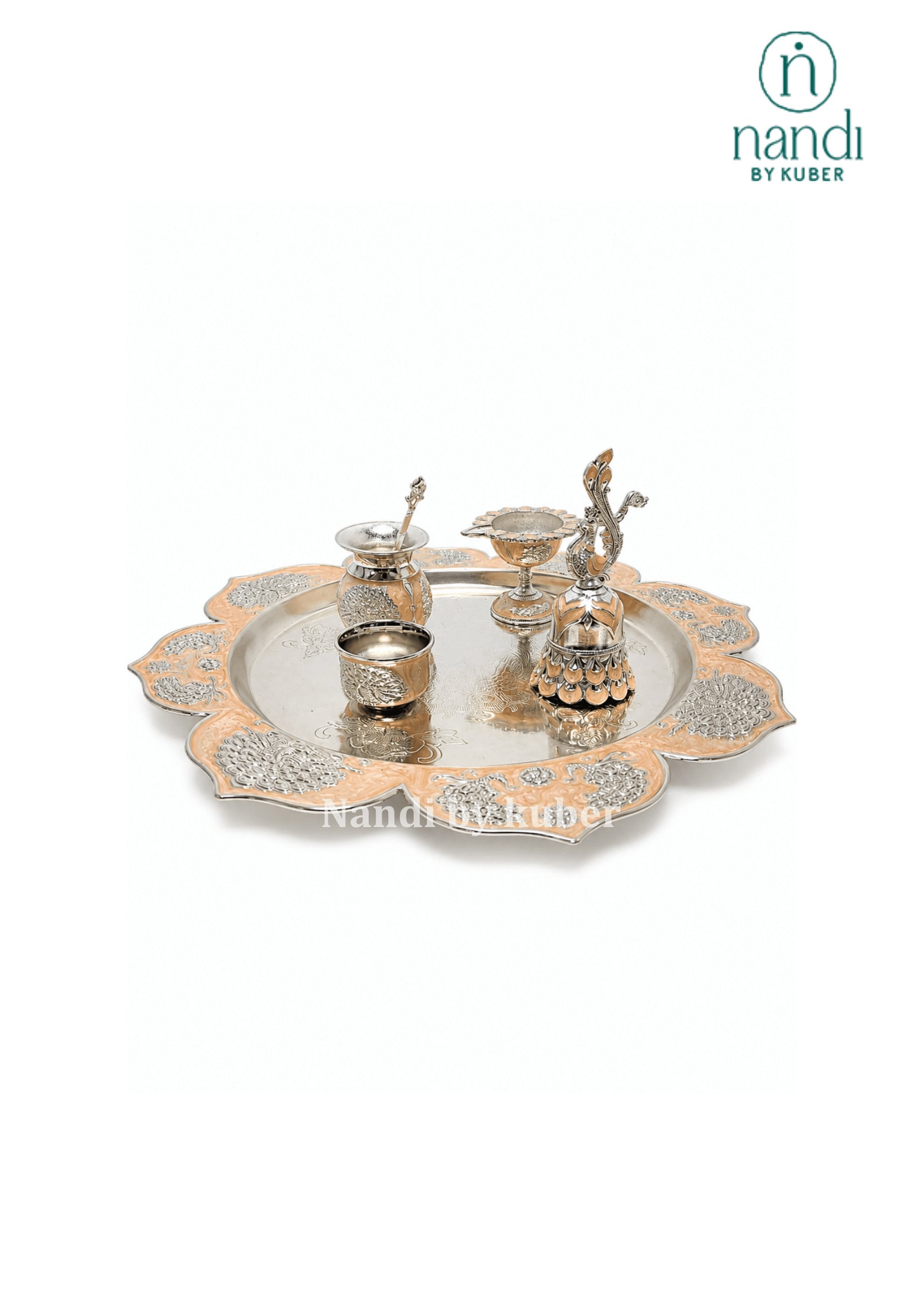 White Metal Puja Thali Peach - view 3