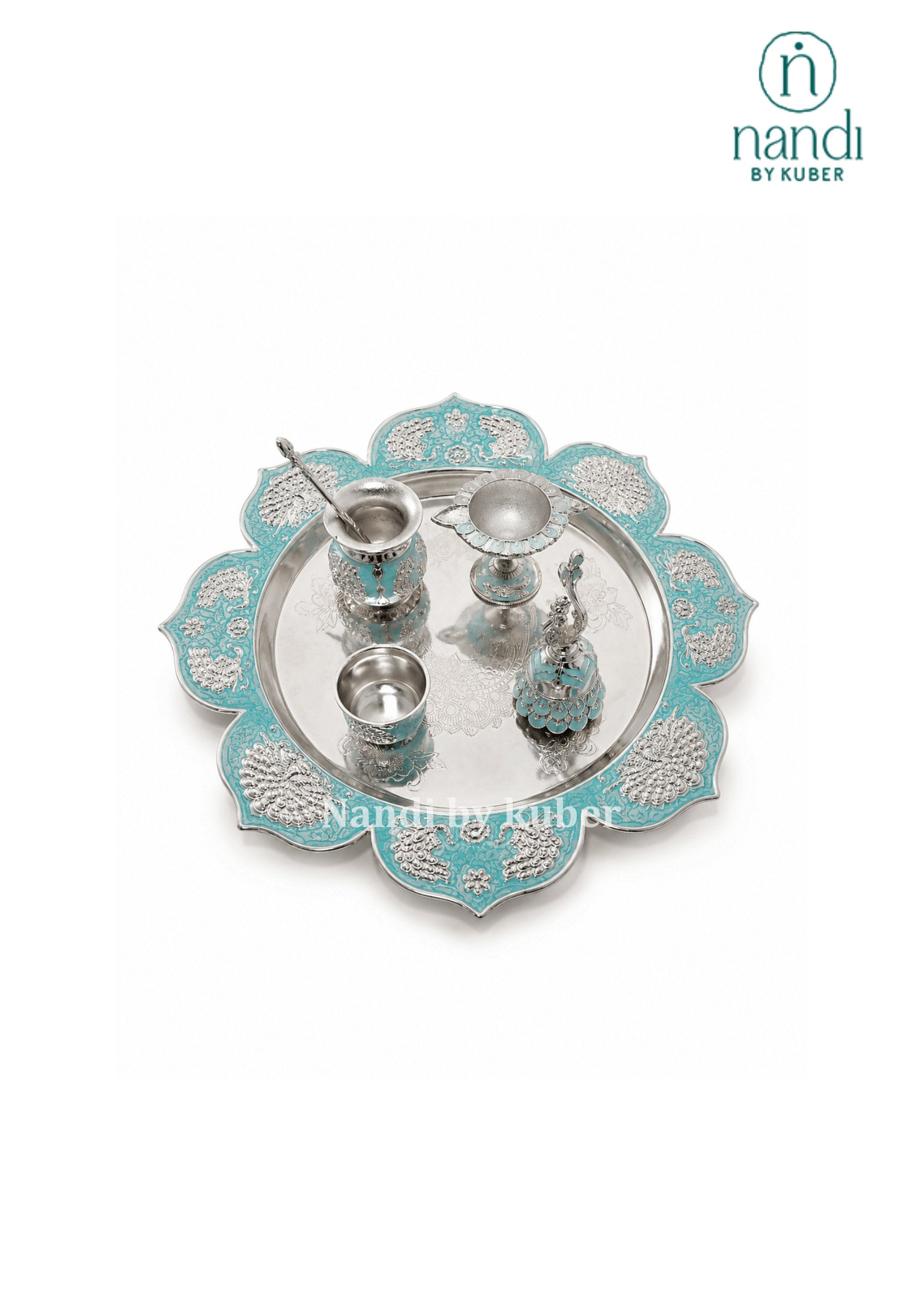 White Metal Puja Thali Turquoise - view 1