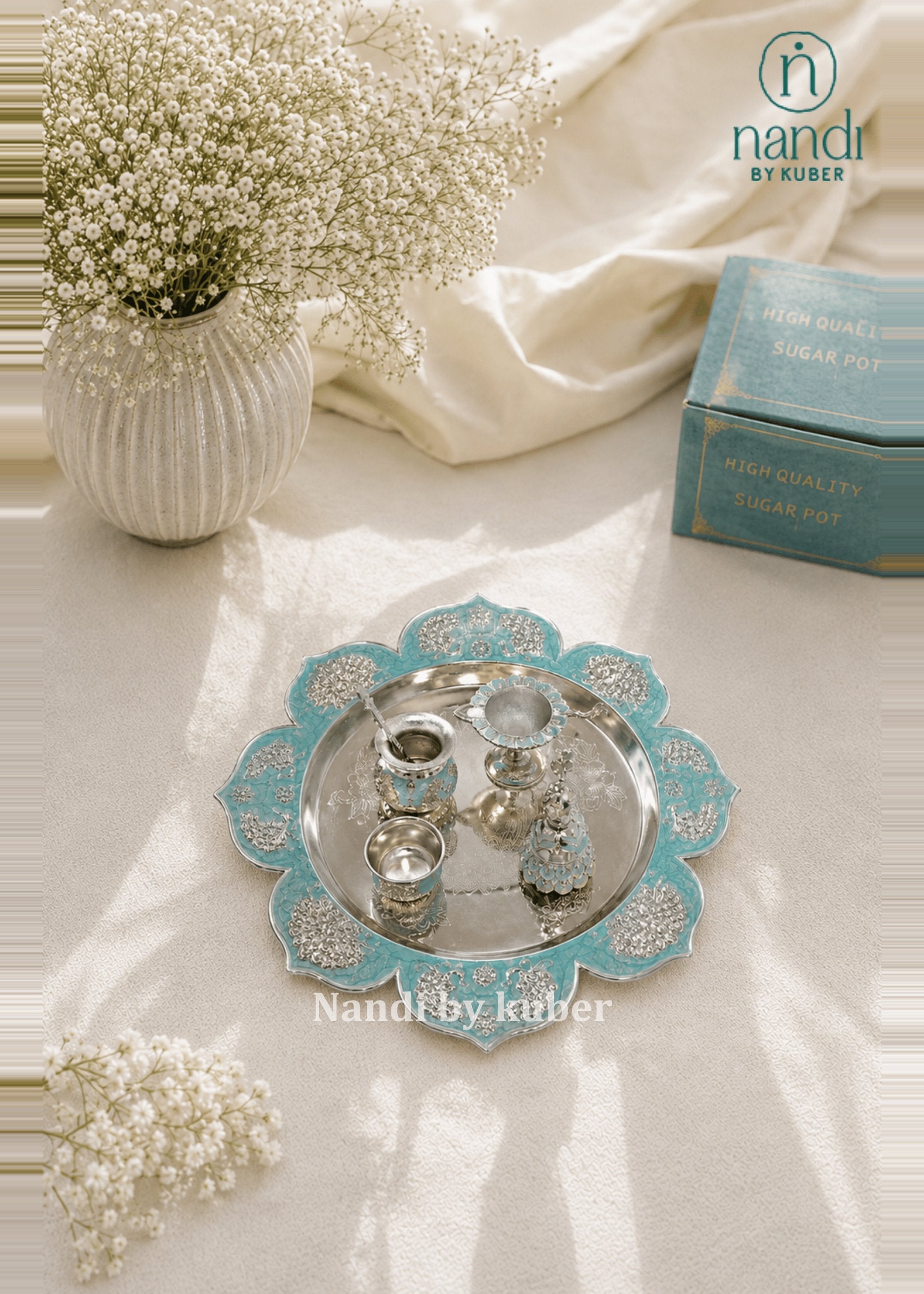 White Metal Puja Thali Turquoise - view 2