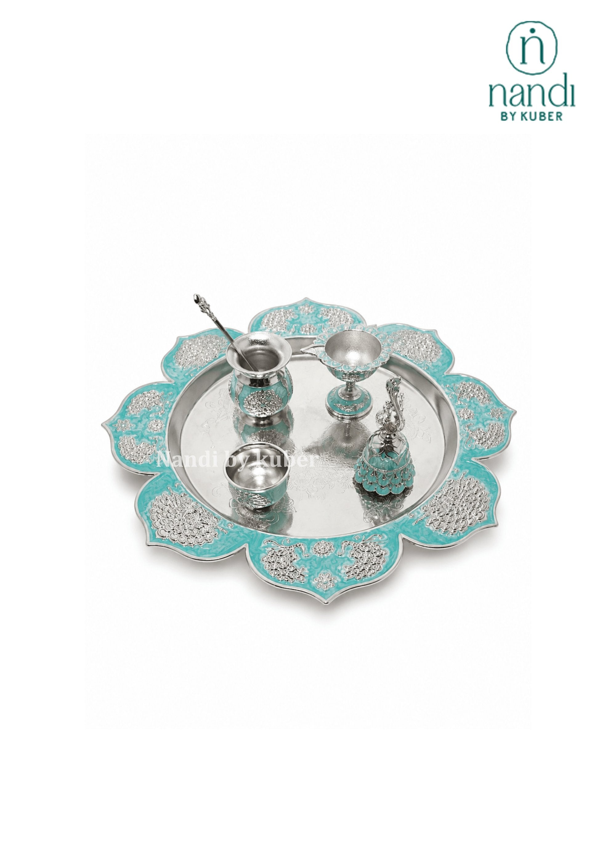 White Metal Puja Thali Turquoise - view 3