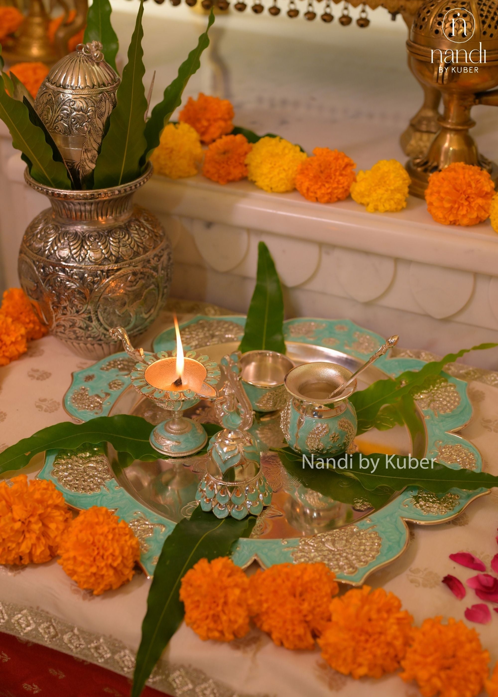 White Metal Puja Thali - Turquoise Blue