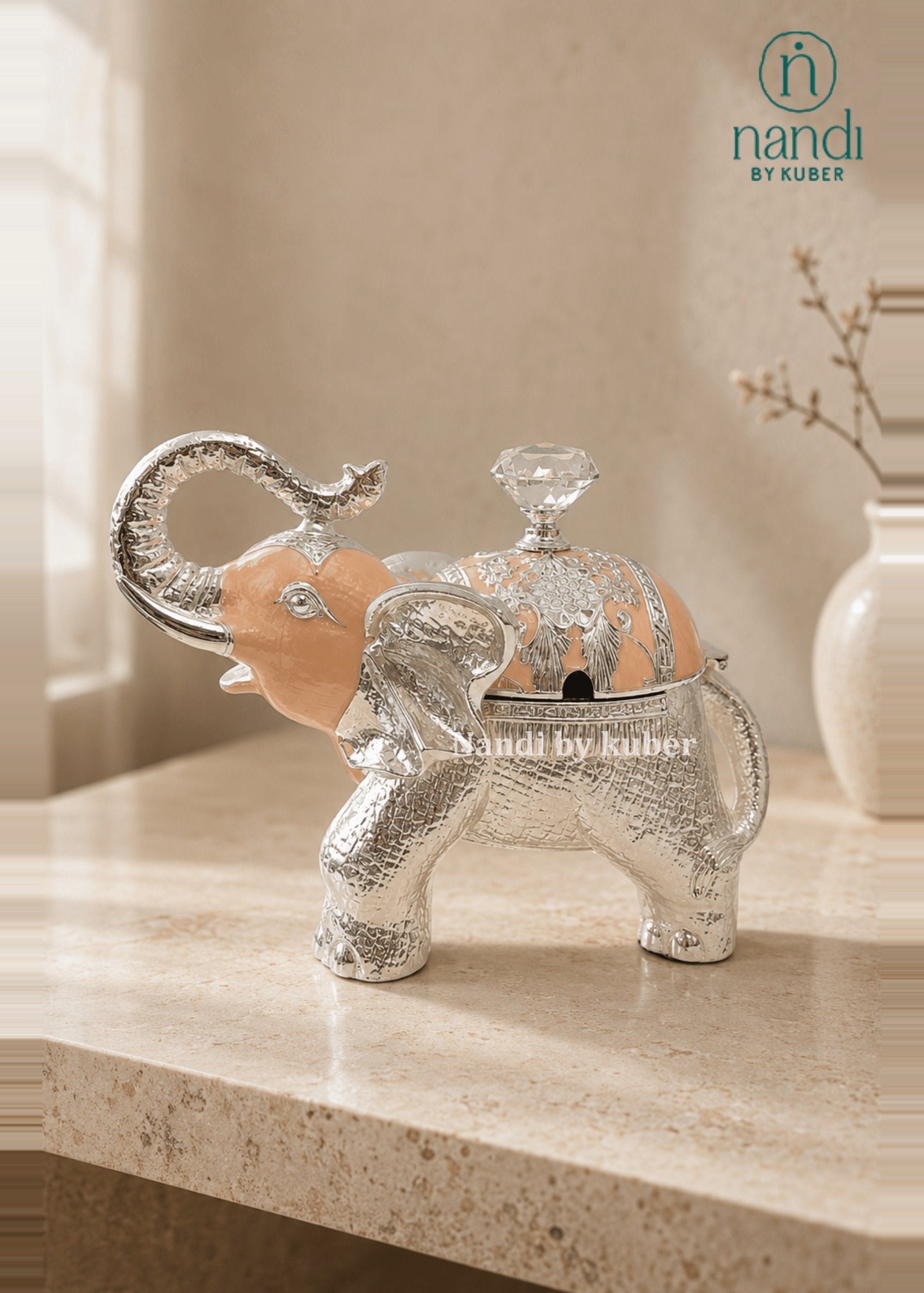 White Metal Elephant Bowl Peach - view 2