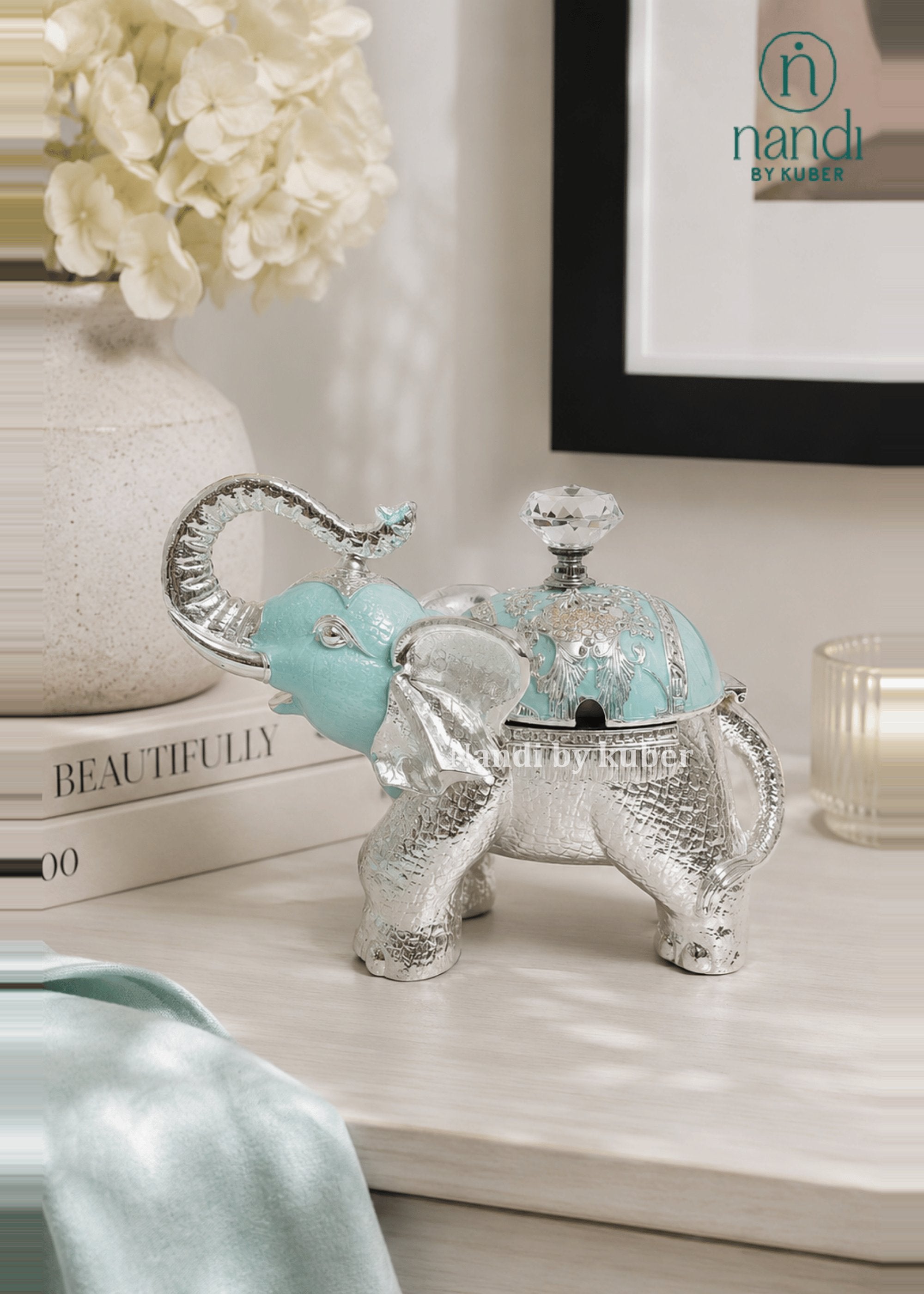 White Metal Elephant Bowl Turquoise - view 2