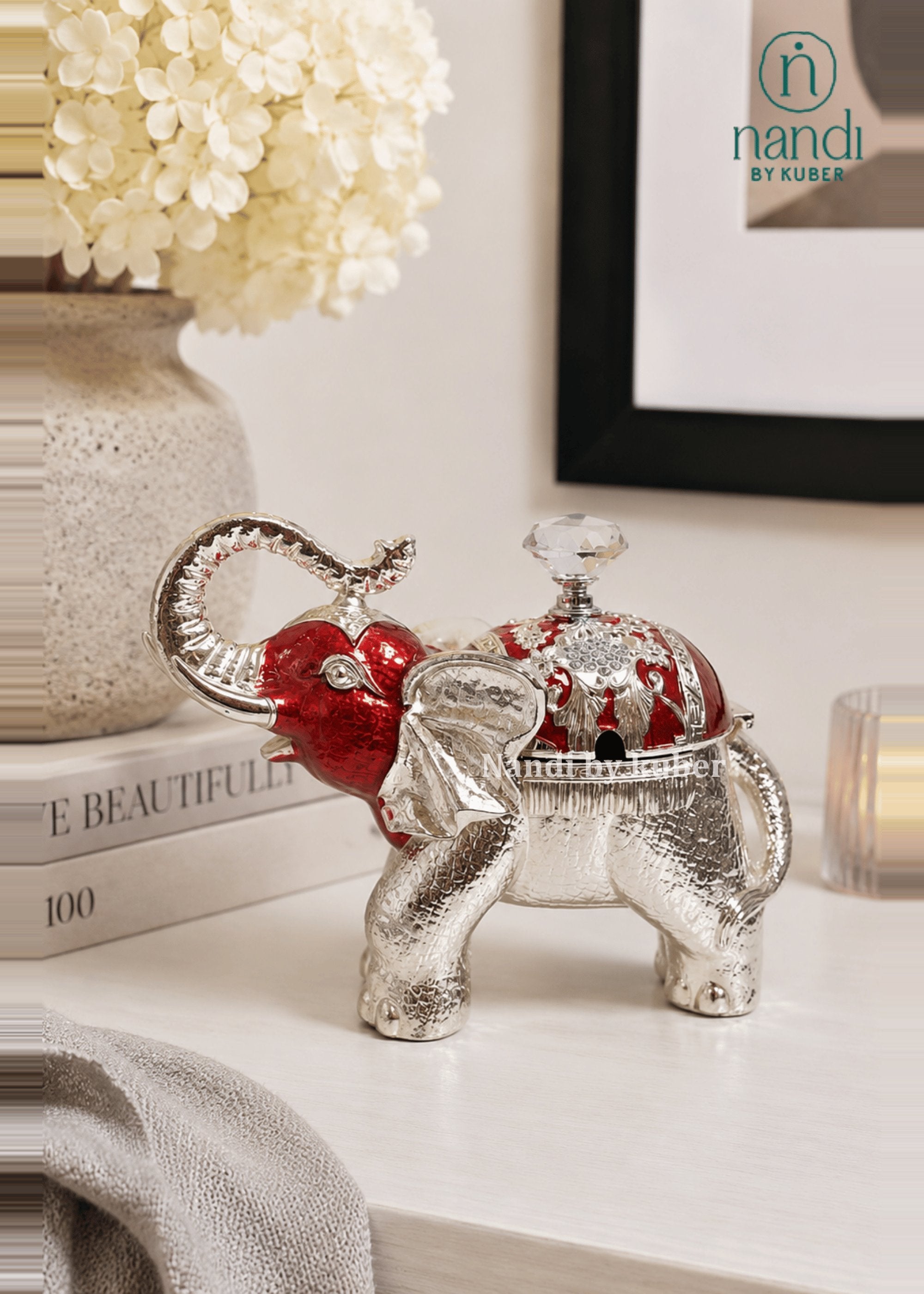 White Metal Elephant Bowl Red - view 1
