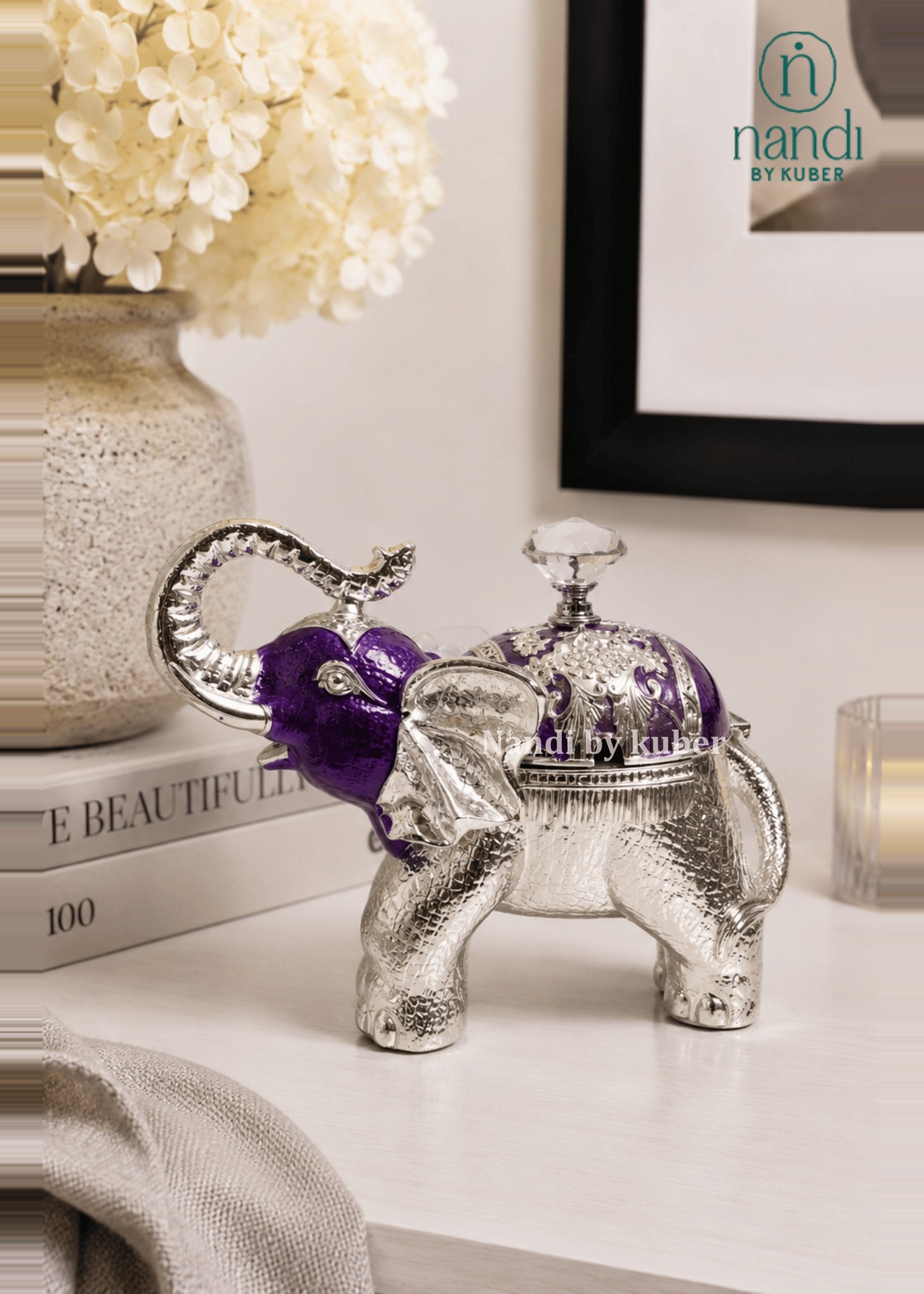 White Metal Elephant Bowl Purple - view 2