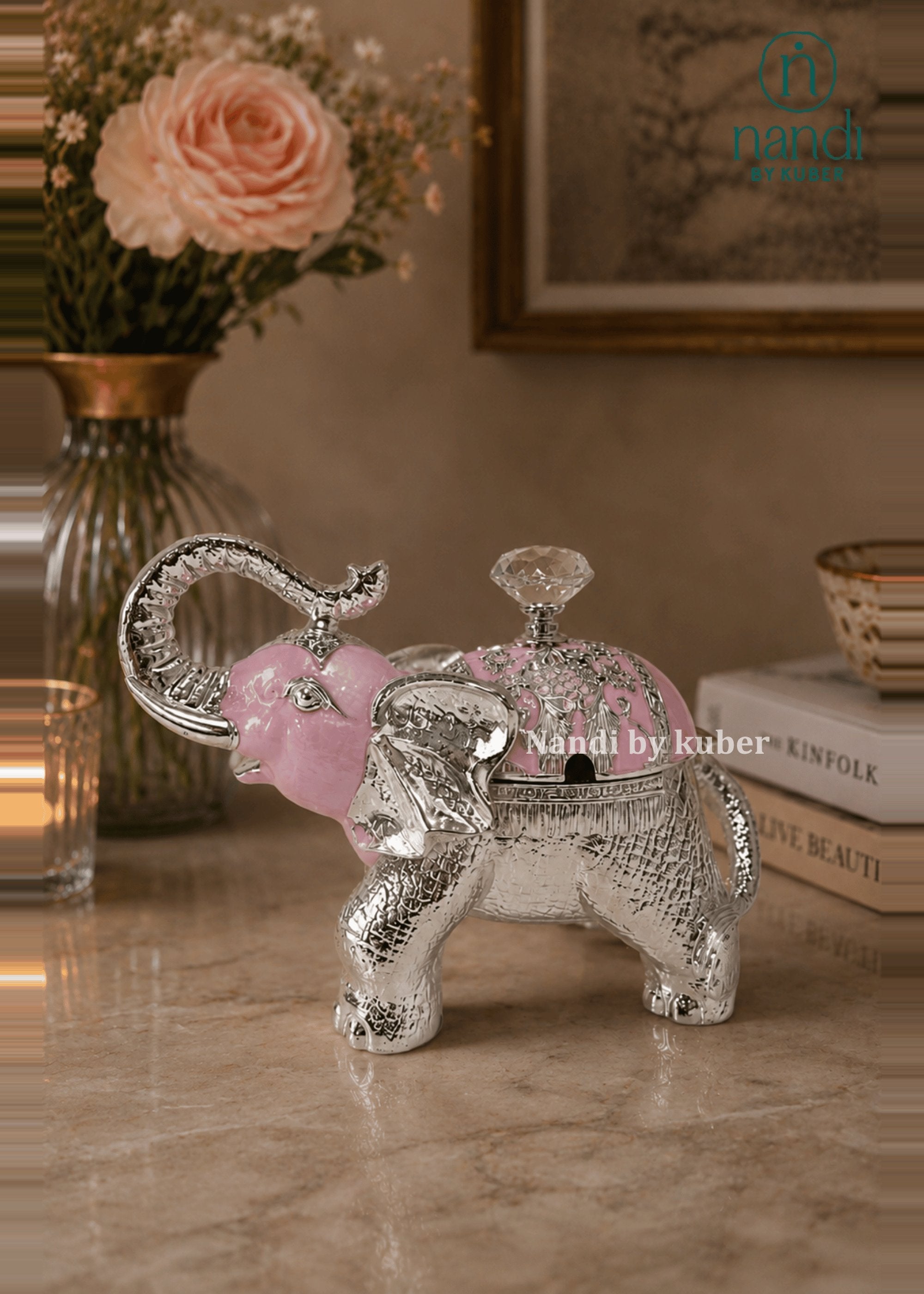 White Metal Elephant Bowl Pink - view 2