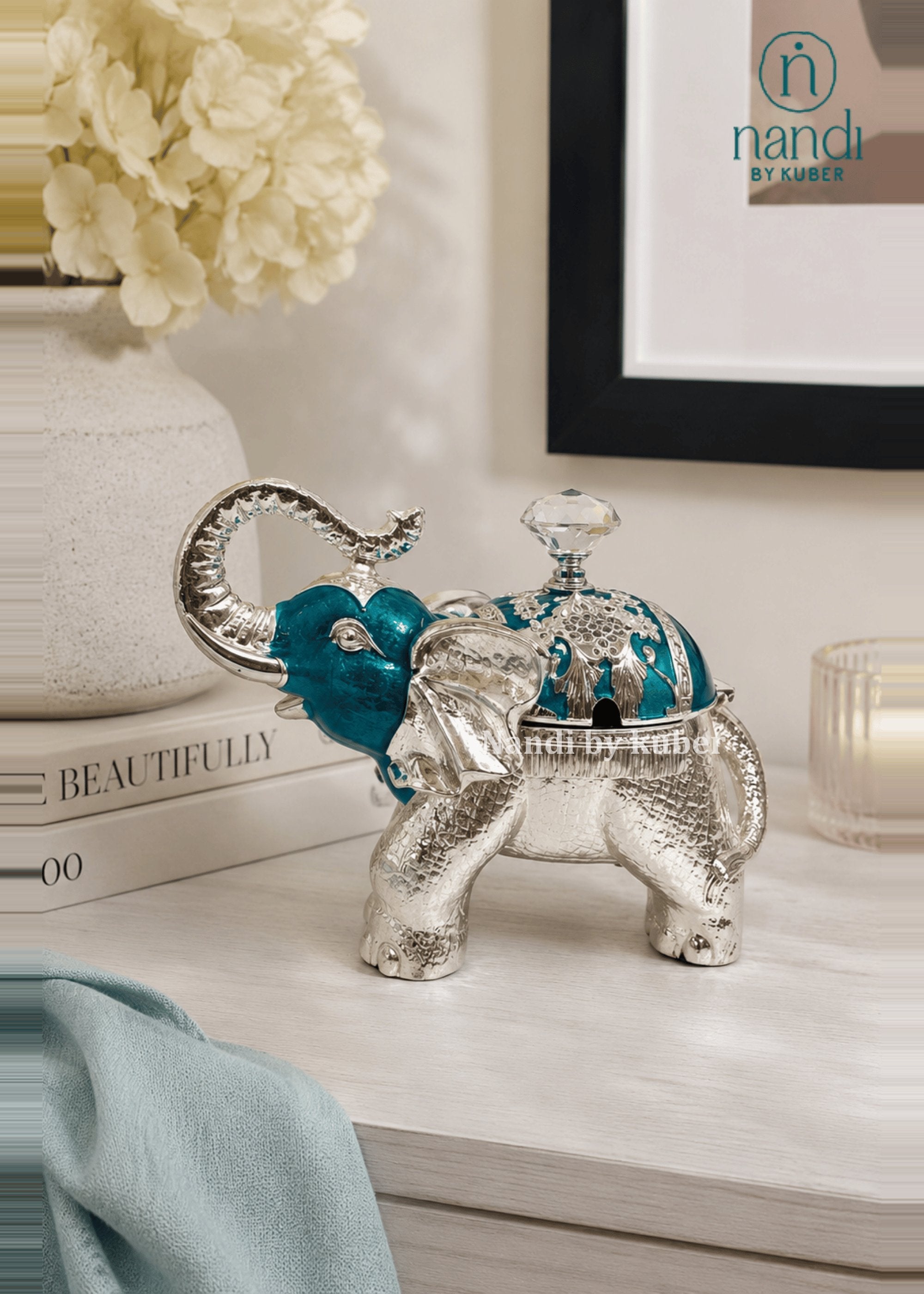 White Metal Elephant Bowl Teal - view 2