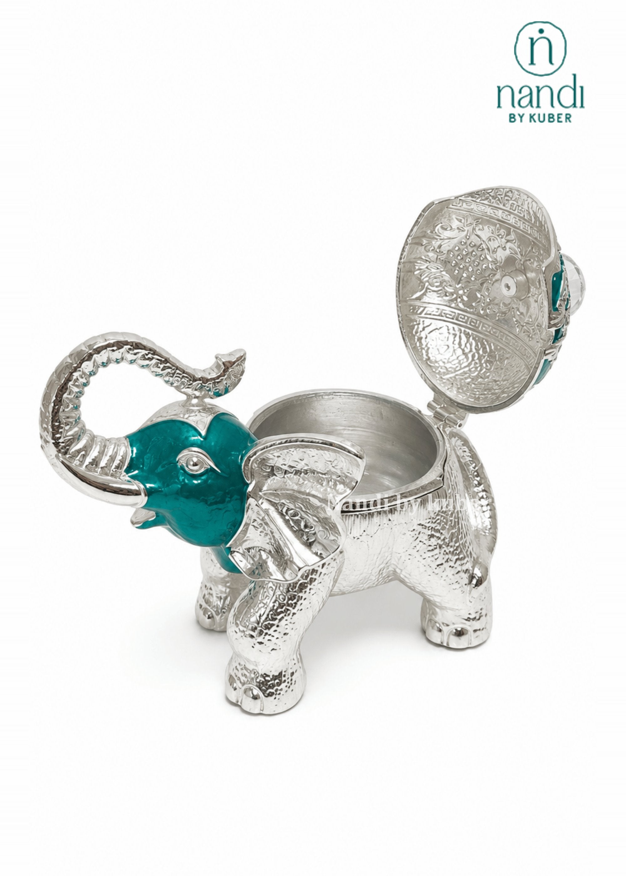 White Metal Elephant Bowl Teal - view 3