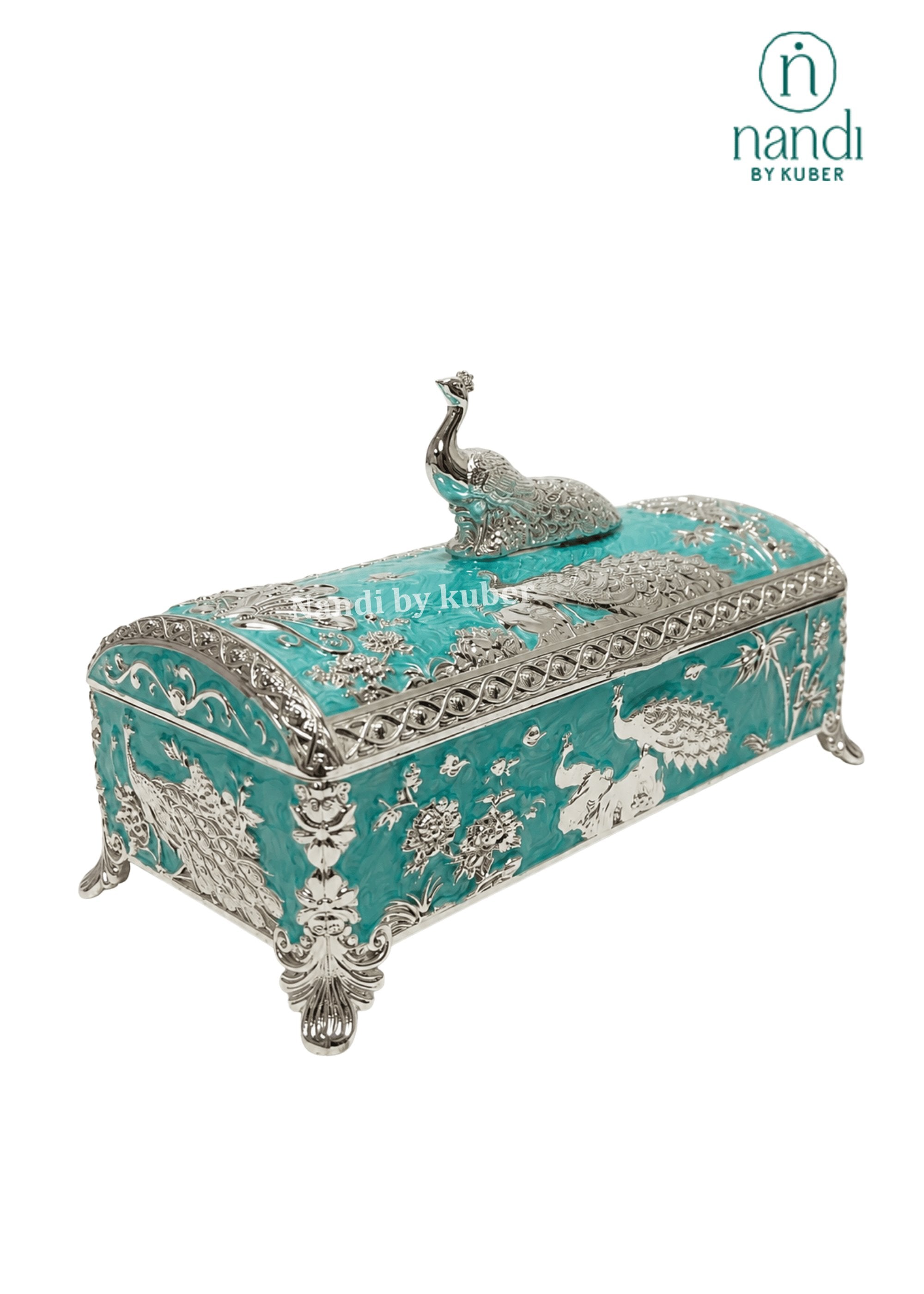 White Metal Peacock Box Turquoise - front view