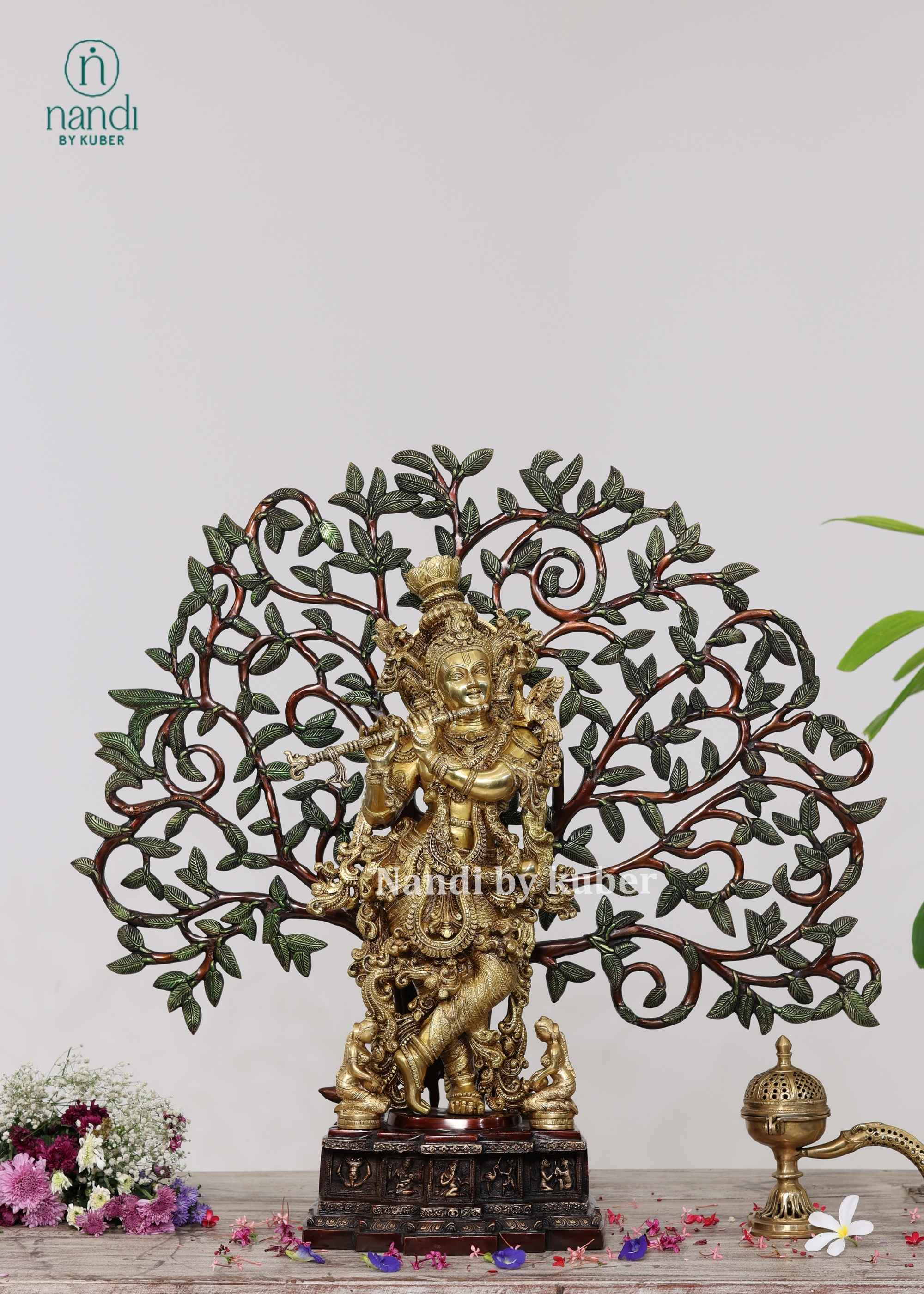 Brass Krishna Under Tree Large - front view