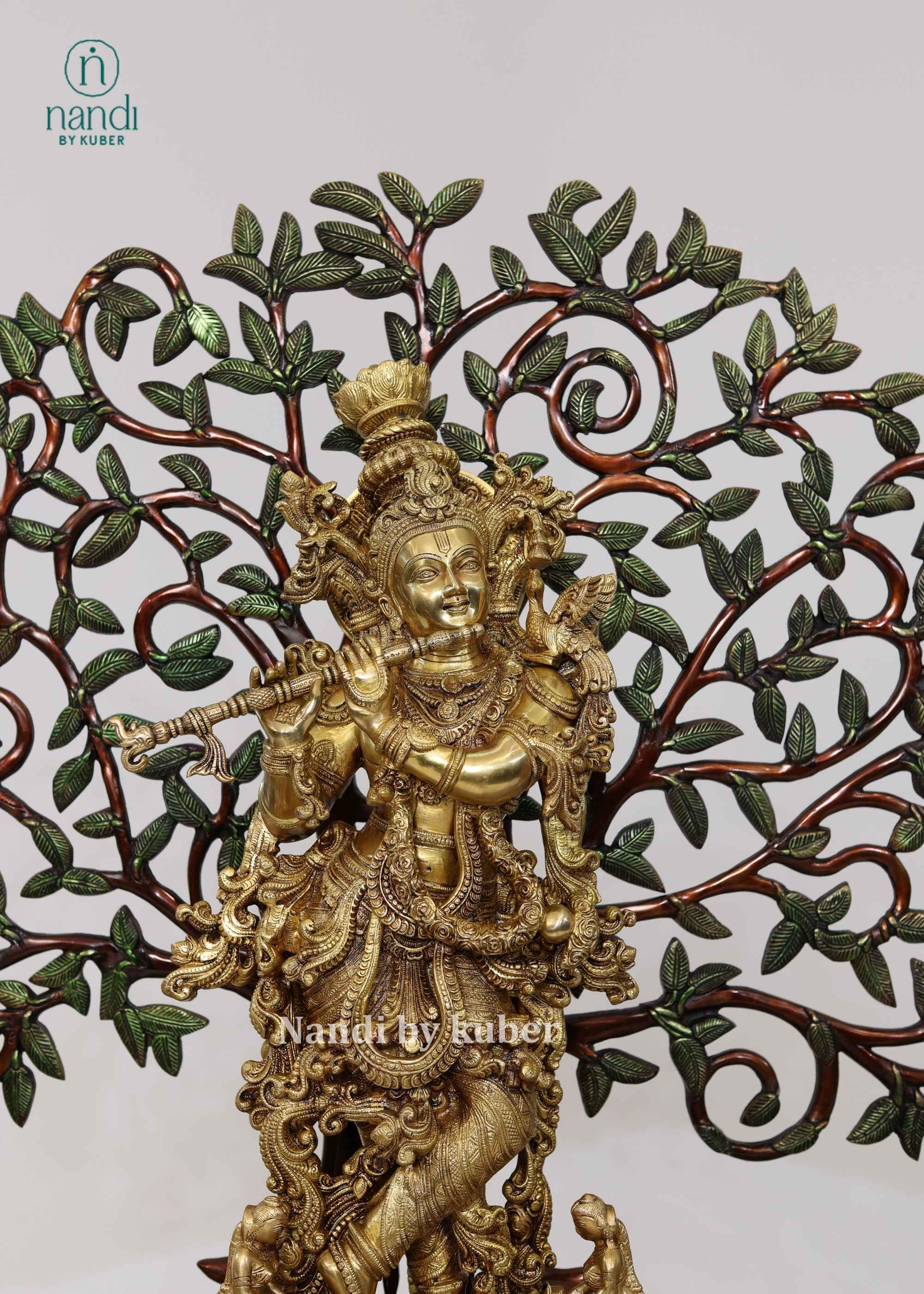Brass Krishna Under Tree Large - side view