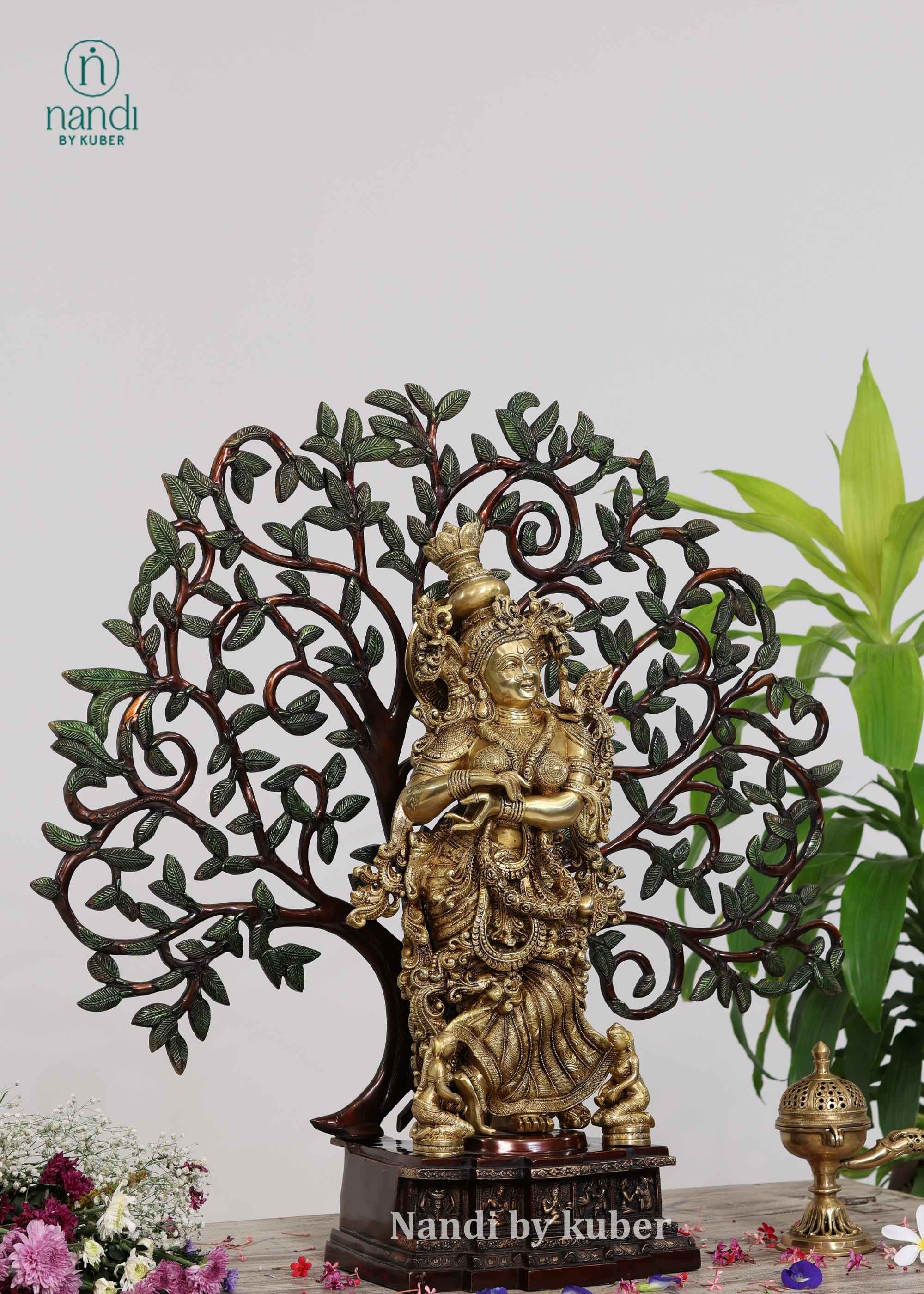 Brass Radha Under Tree - front view