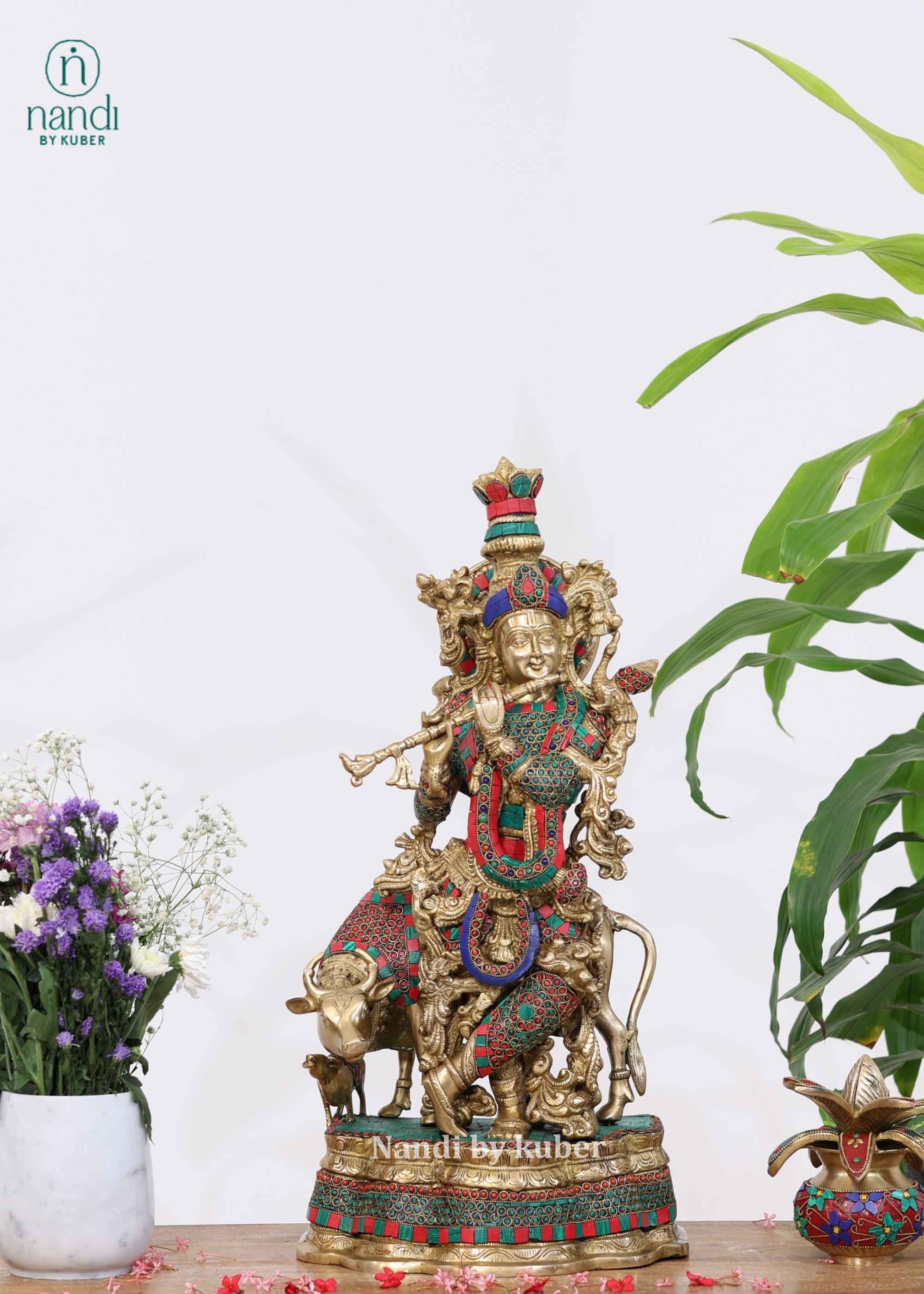 Brass Cow Krishna - front view