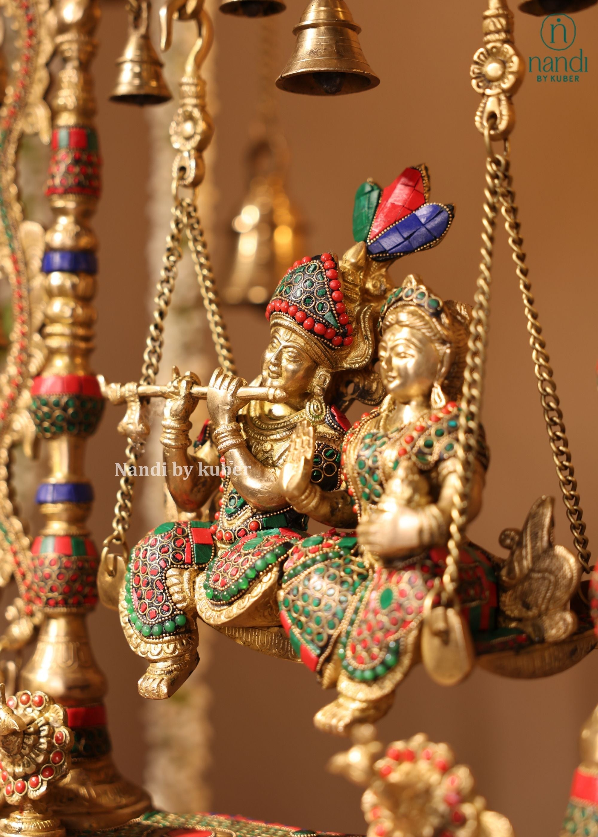 Brass Radha Krishna Swing Temple - front view