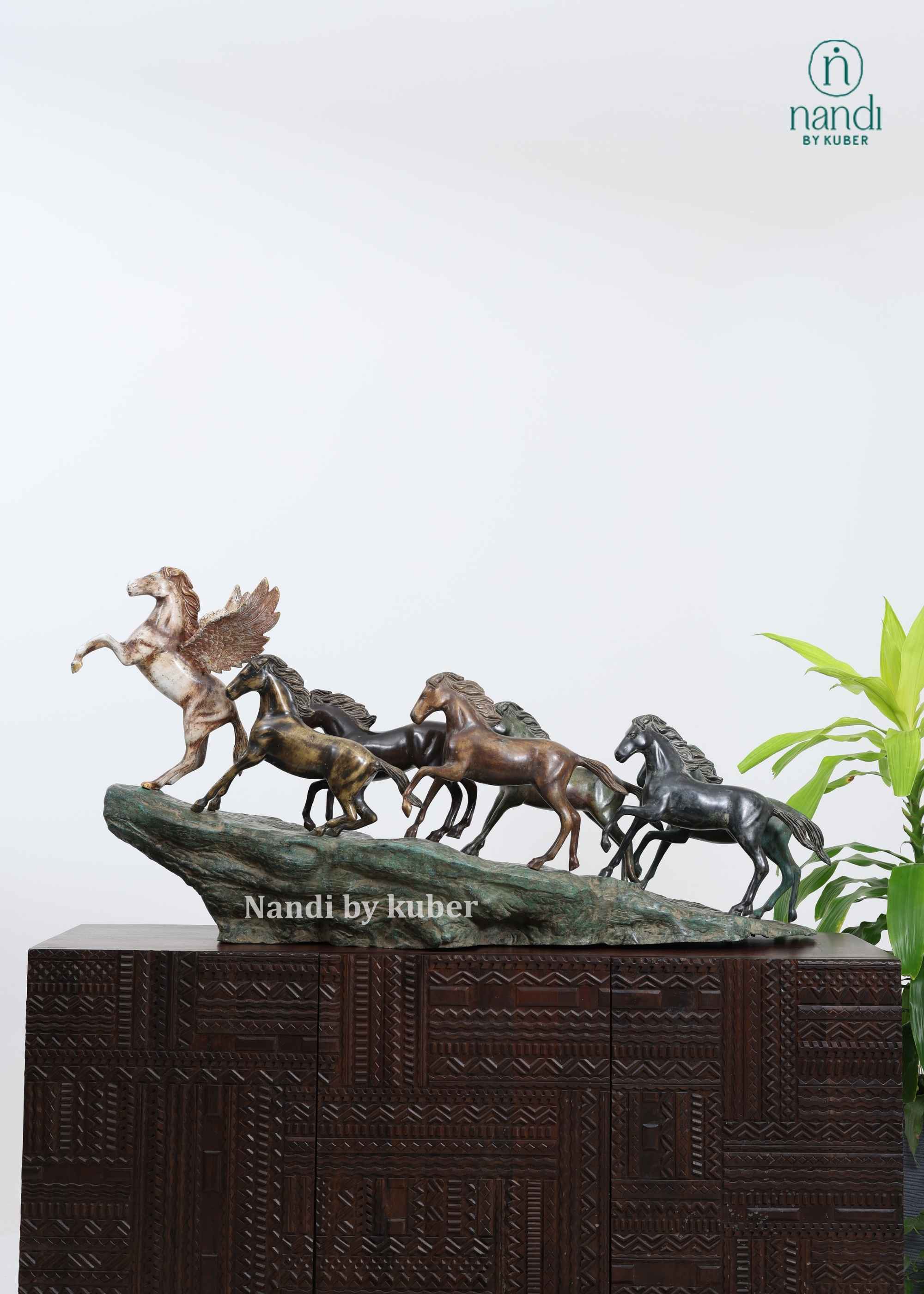 Brass Special Antique Finish Seven Horse On Base - detail view