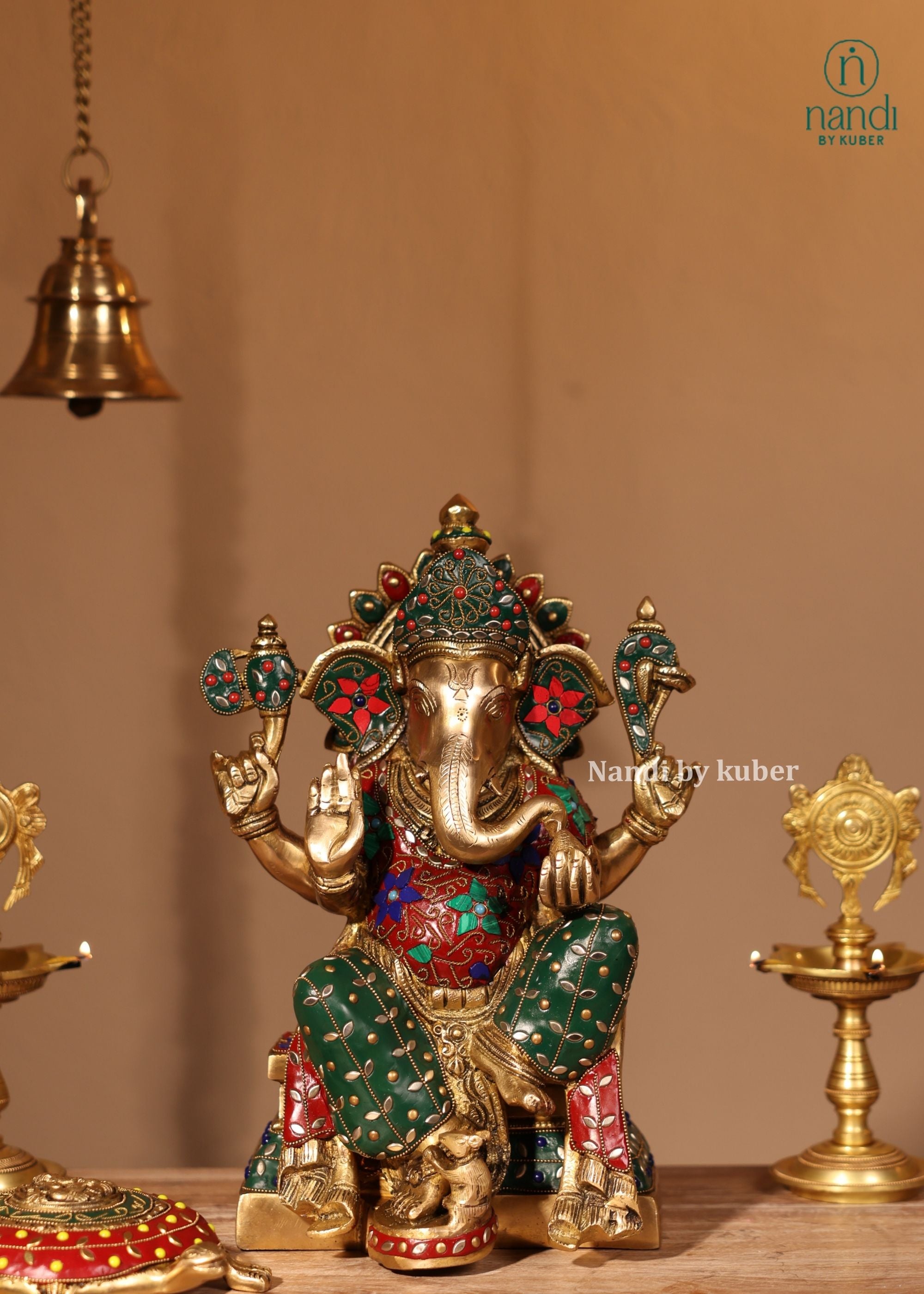 Brass Ganesha Sitting On Singhasan - front view